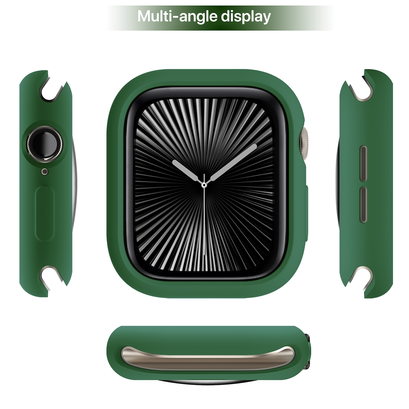 Display multi-angolo di una custodia verde per Apple Watch che mostra la parte anteriore, i lati e il fondo.