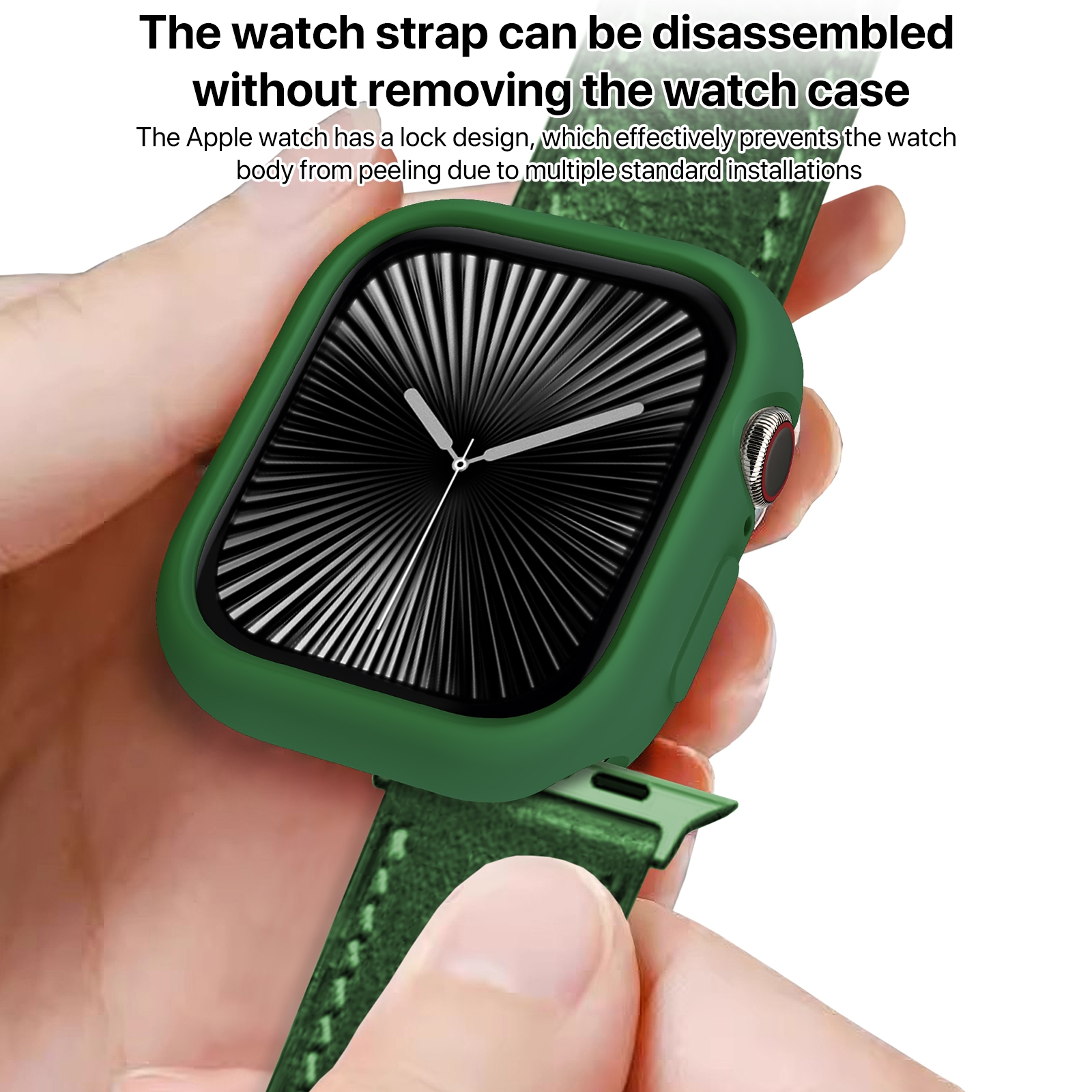 Una mano tiene un Apple Watch verde in una custodia protettiva con cinturino in pelle.