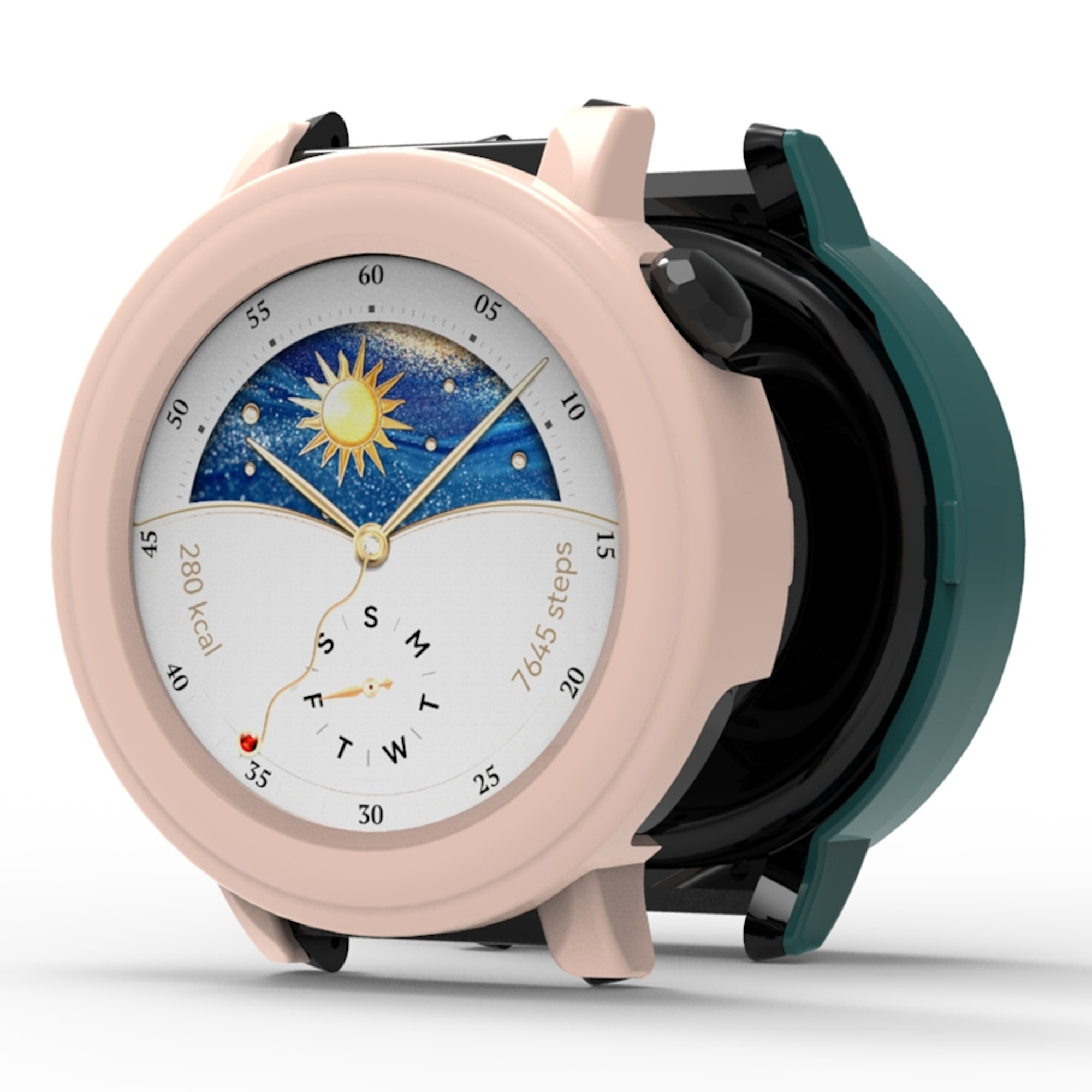 Eine rosa Smartwatch mit weißem Zifferblatt, Sonnengrafik, Schritten und Kalorienanzeige auf weißem Hintergrund.