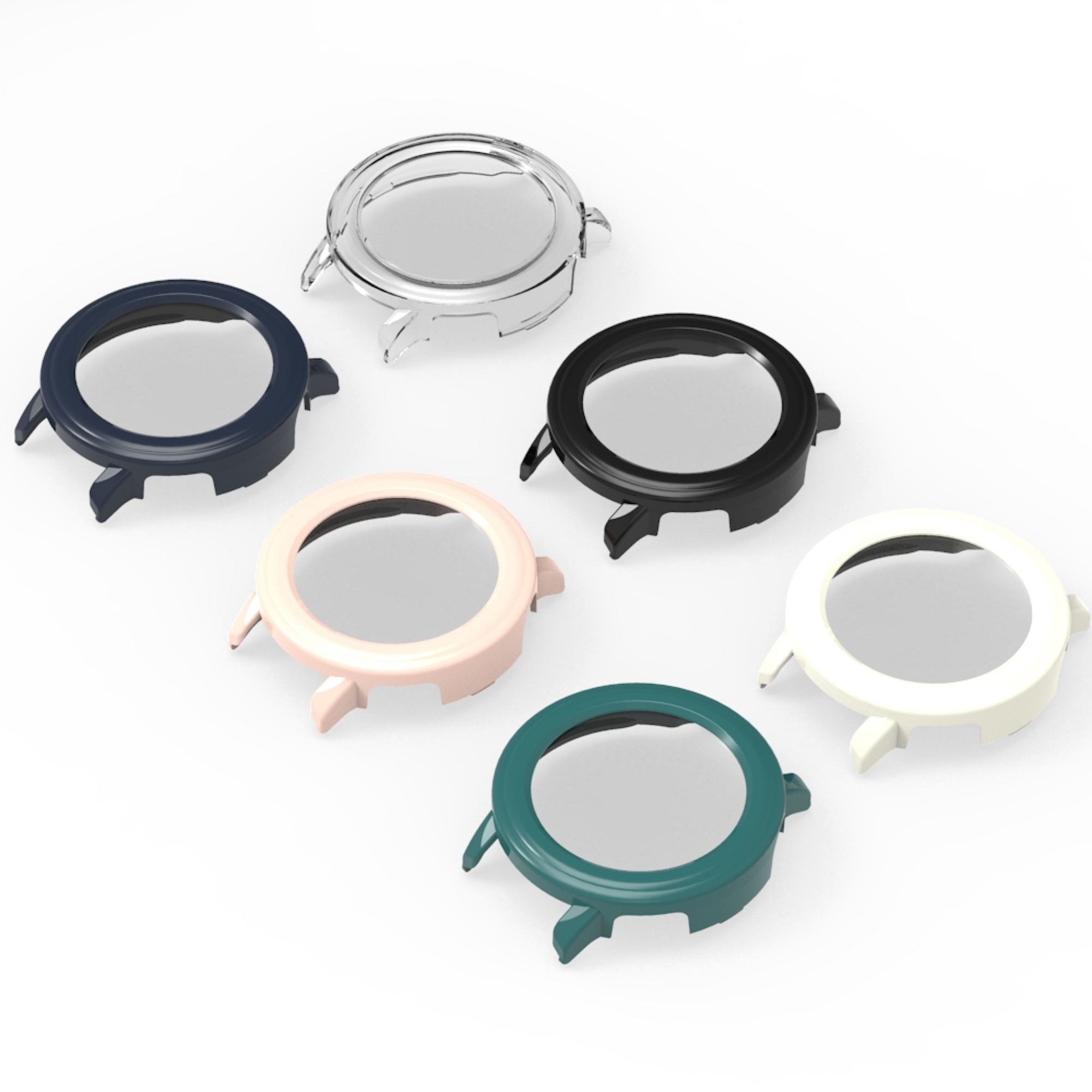Sechs bunte Smartwatch-Hüllen liegen auf weißem Hintergrund.