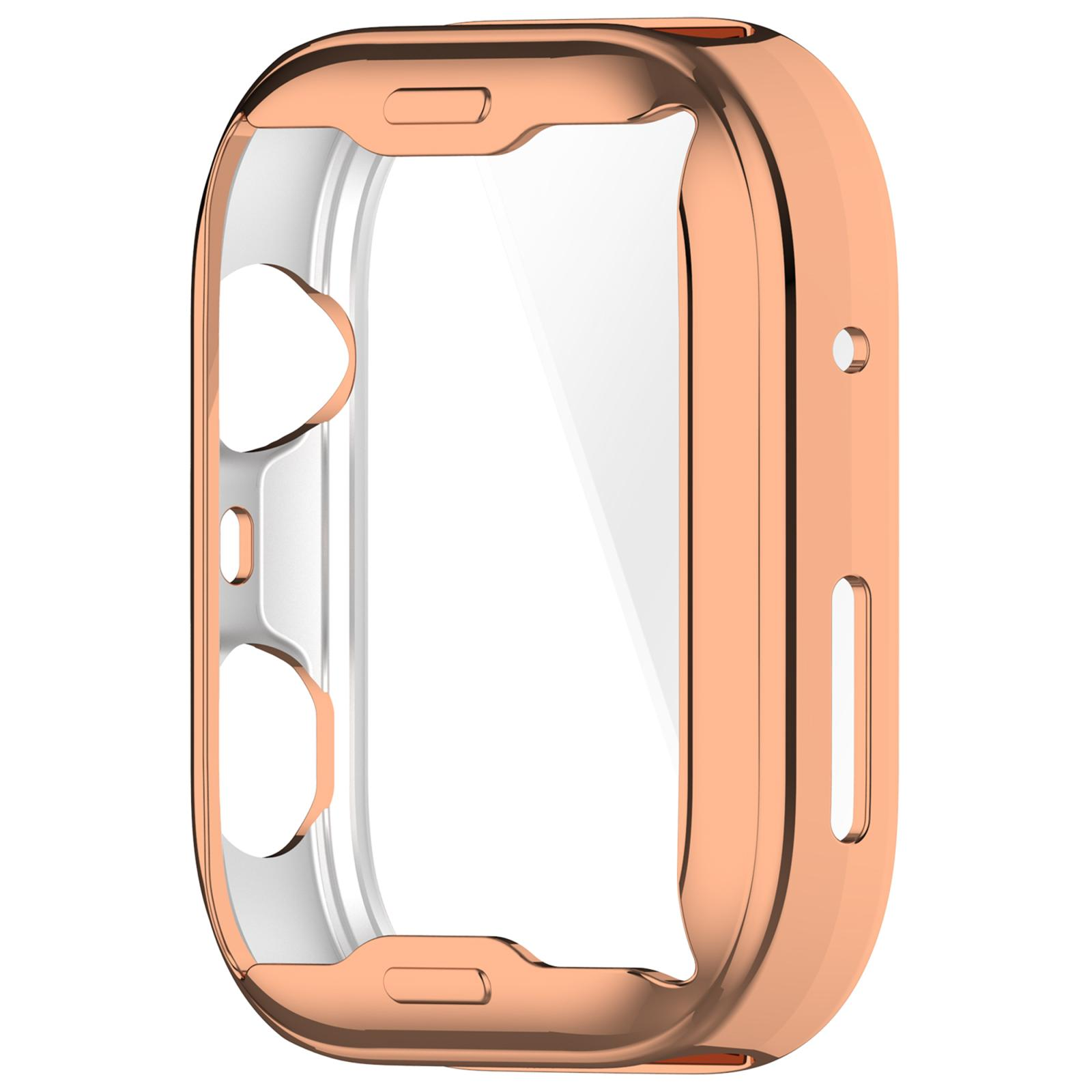 Gl änzendes roségoldenes Smartwatch-Gehäuse mit integrierter Schutzfolie auf weißem Hintergrund.