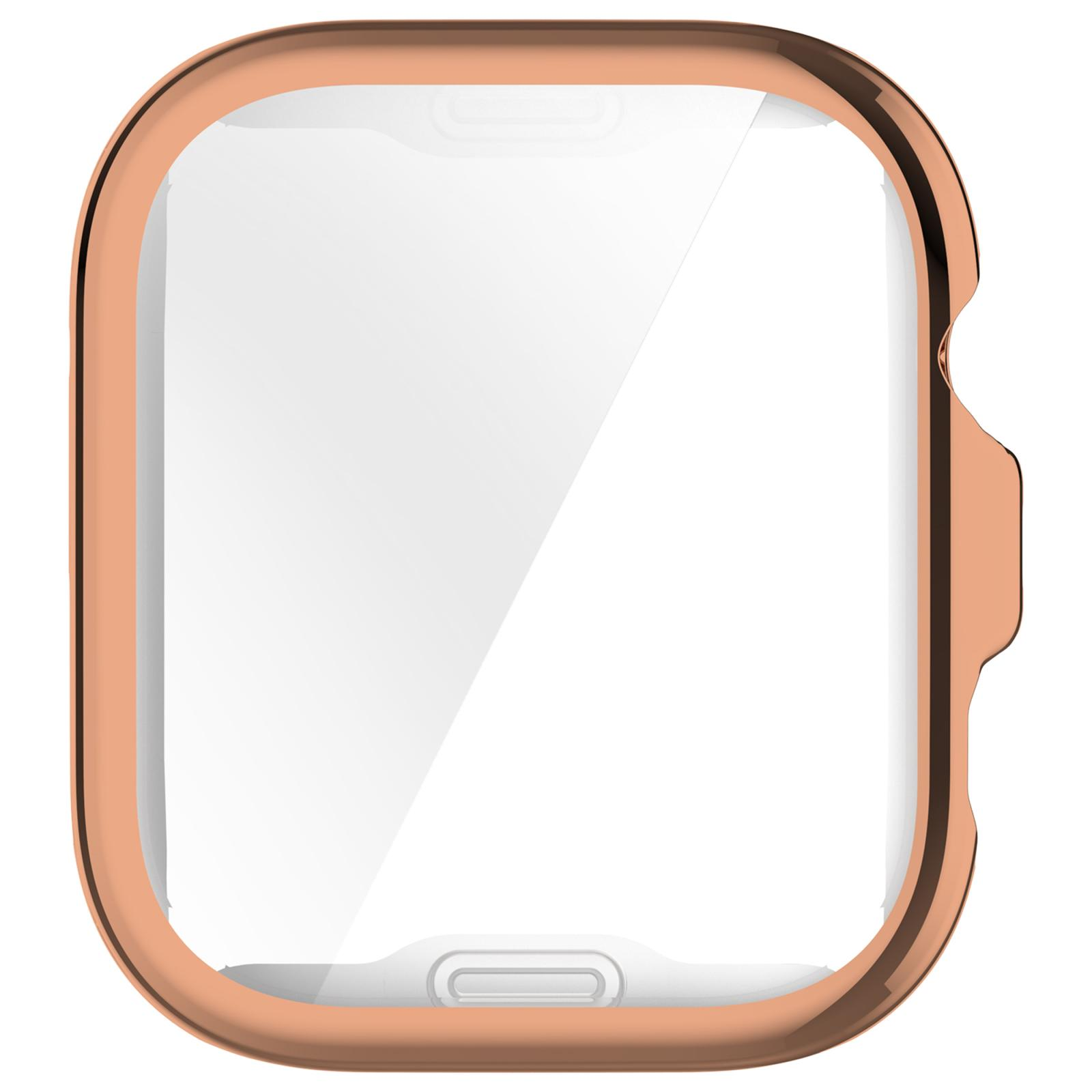 Ein roségoldenes Smartwatch-Gehäuse mit integriertem Schutzglas auf weißem Hintergrund.