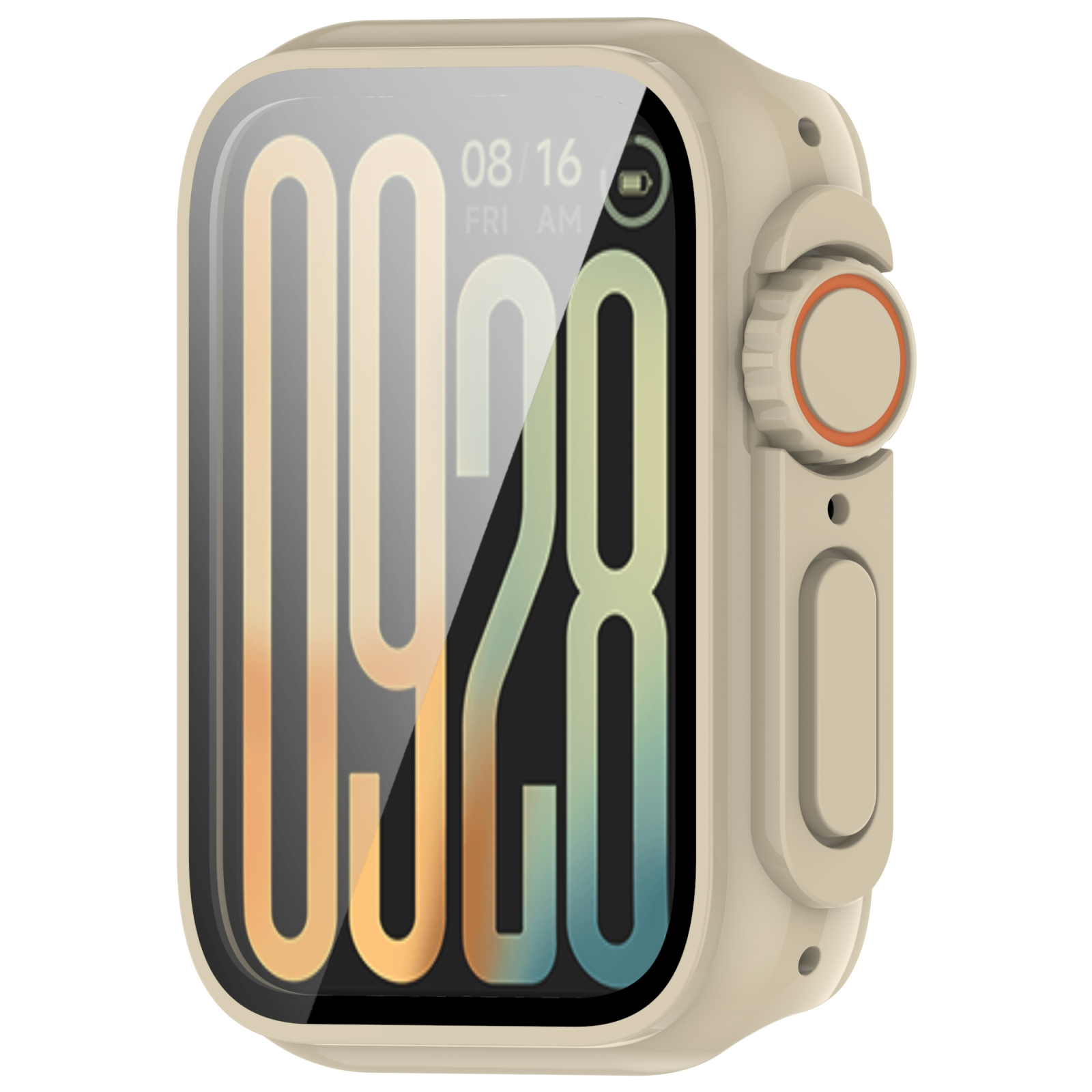 Uno smartwatch beige con quadrante digitale e pulsanti laterali su sfondo bianco.