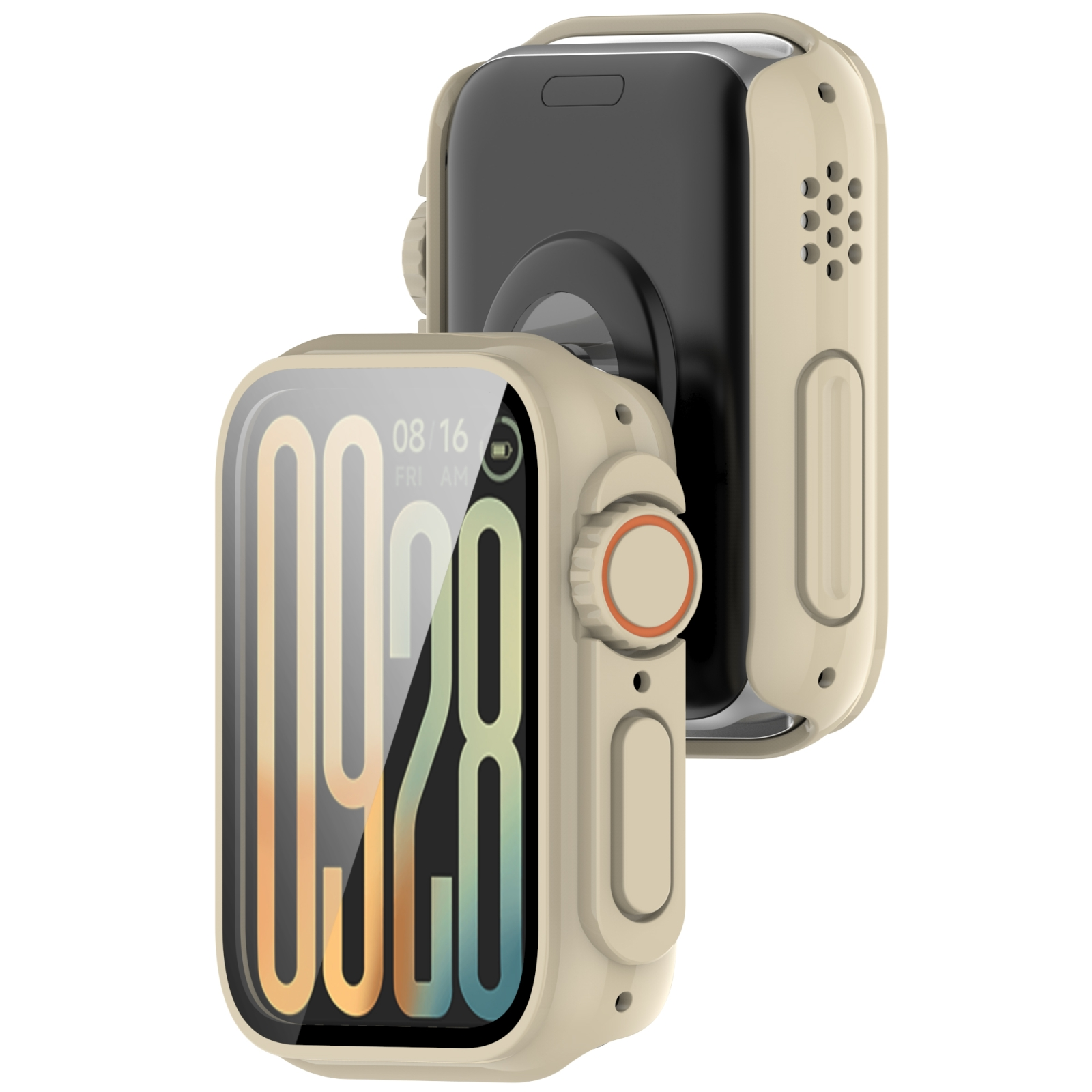 Due custodie per smartwatch beige, una mostra il quadrante e l'altra il retro.