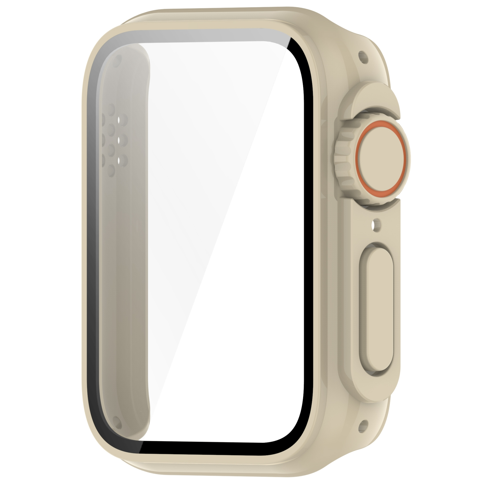 Custodia protettiva beige per smartwatch con pellicola trasparente, corona digitale e pulsante laterale.