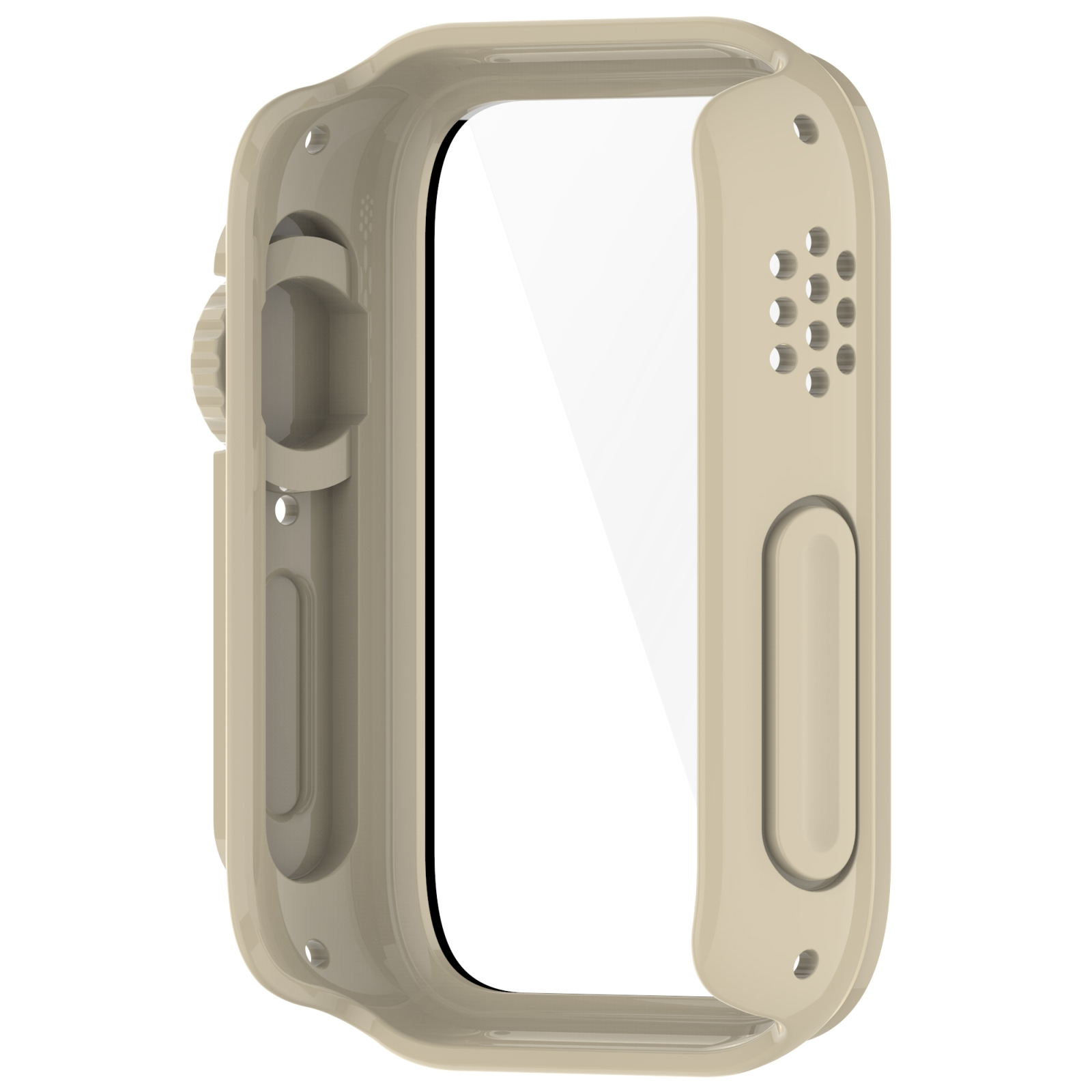 Custodia protettiva beige per smartwatch su sfondo bianco.