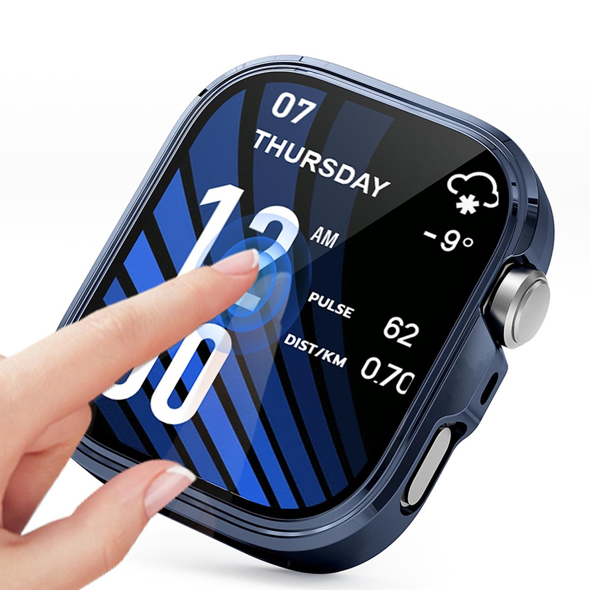 Ein Finger berührt ein blaues Smartwatch-Display mit Datum, Wetter, Puls und Distanz.