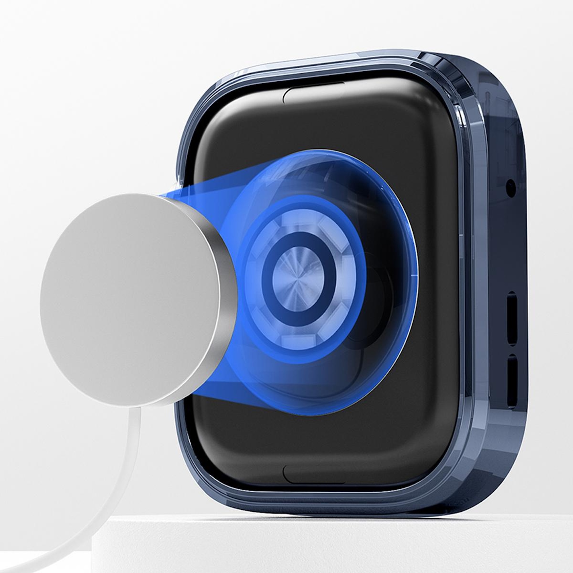 Eine Smartwatch in blauem Gehäuse wird kabellos auf einer weißen Oberfläche geladen.