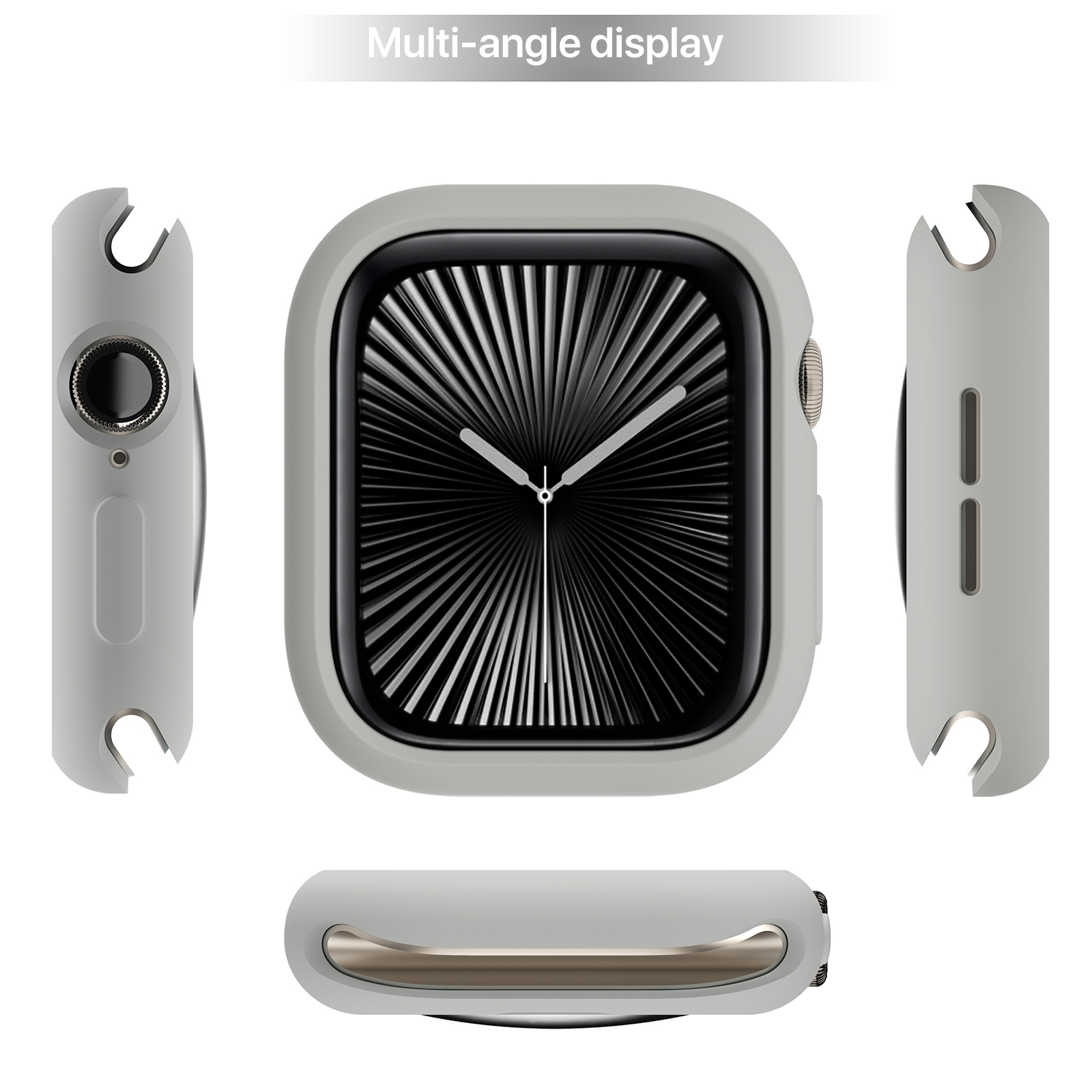 Vista angoli multipli di uno smartwatch argento in una custodia protettiva abbinata su sfondo bianco.