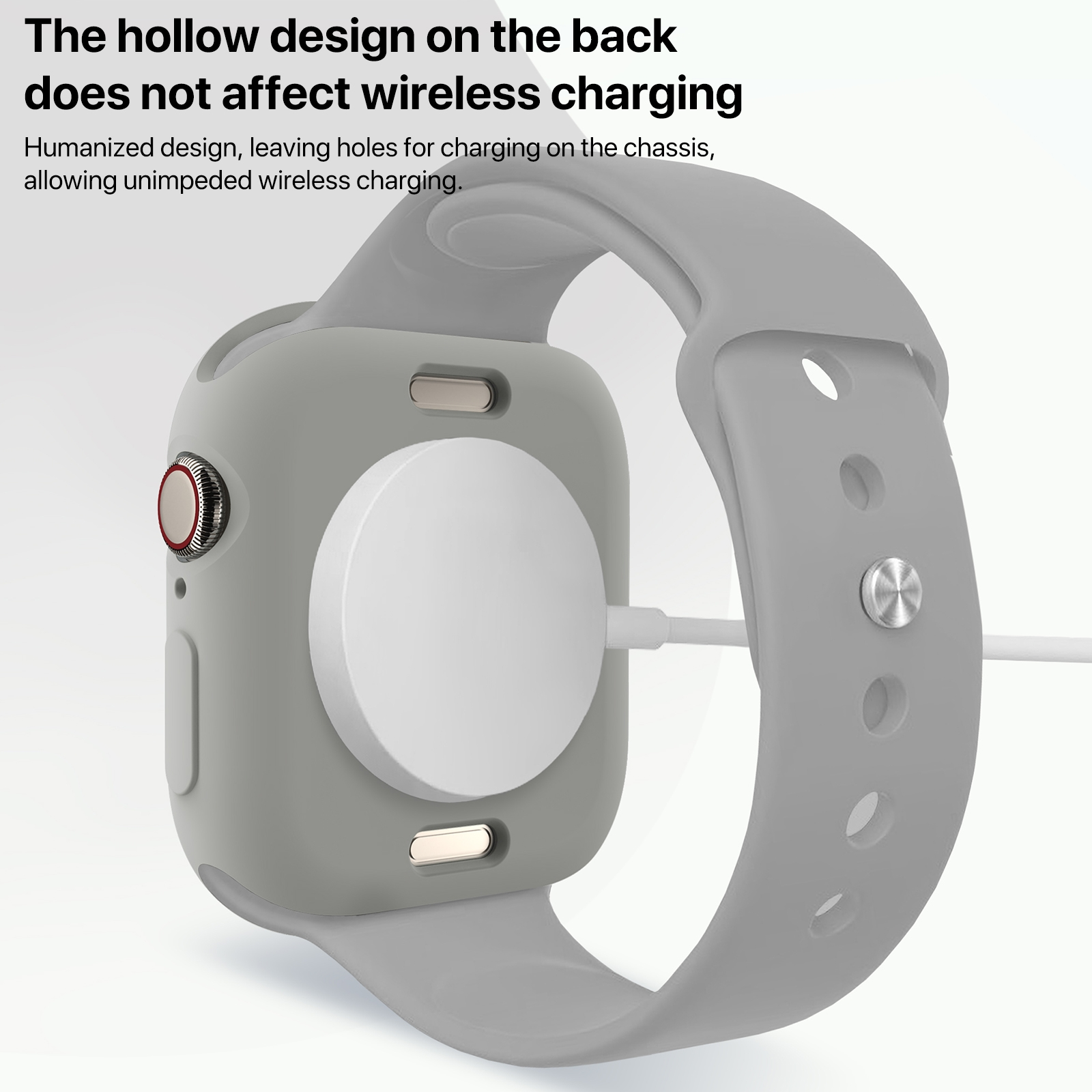 Uno smartwatch grigio con cavo di ricarica bianco e testo.