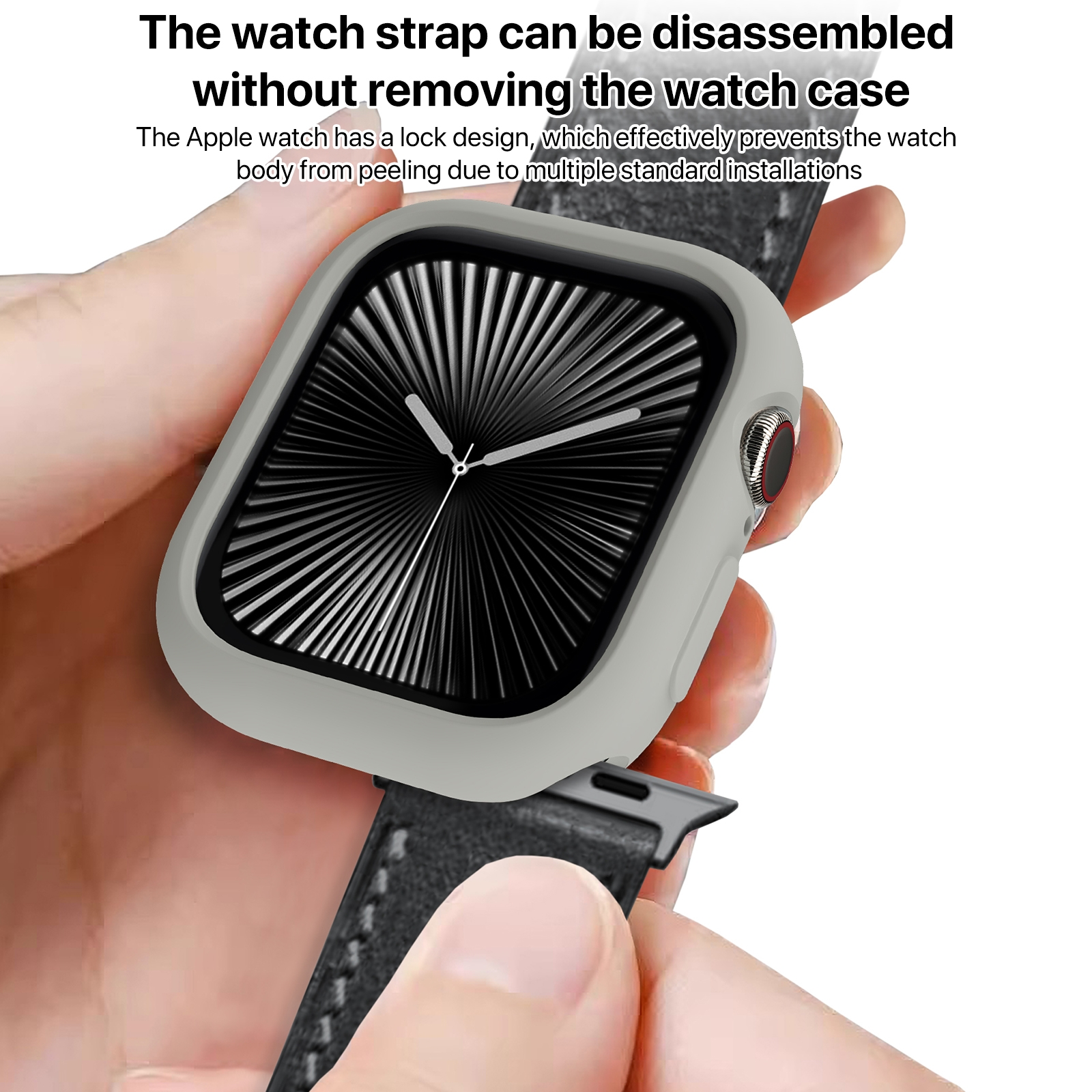Un Apple Watch in una custodia protettiva grigia con cinturino rimovibile.