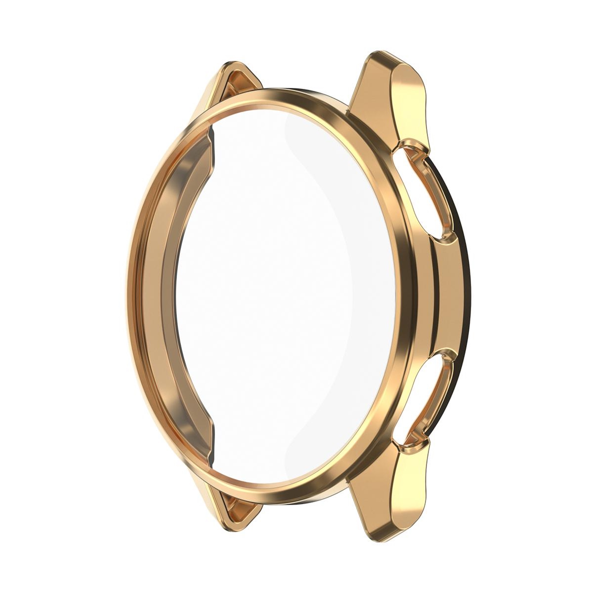 Una cassa per smartwatch in oro lucido vista di lato su sfondo bianco.