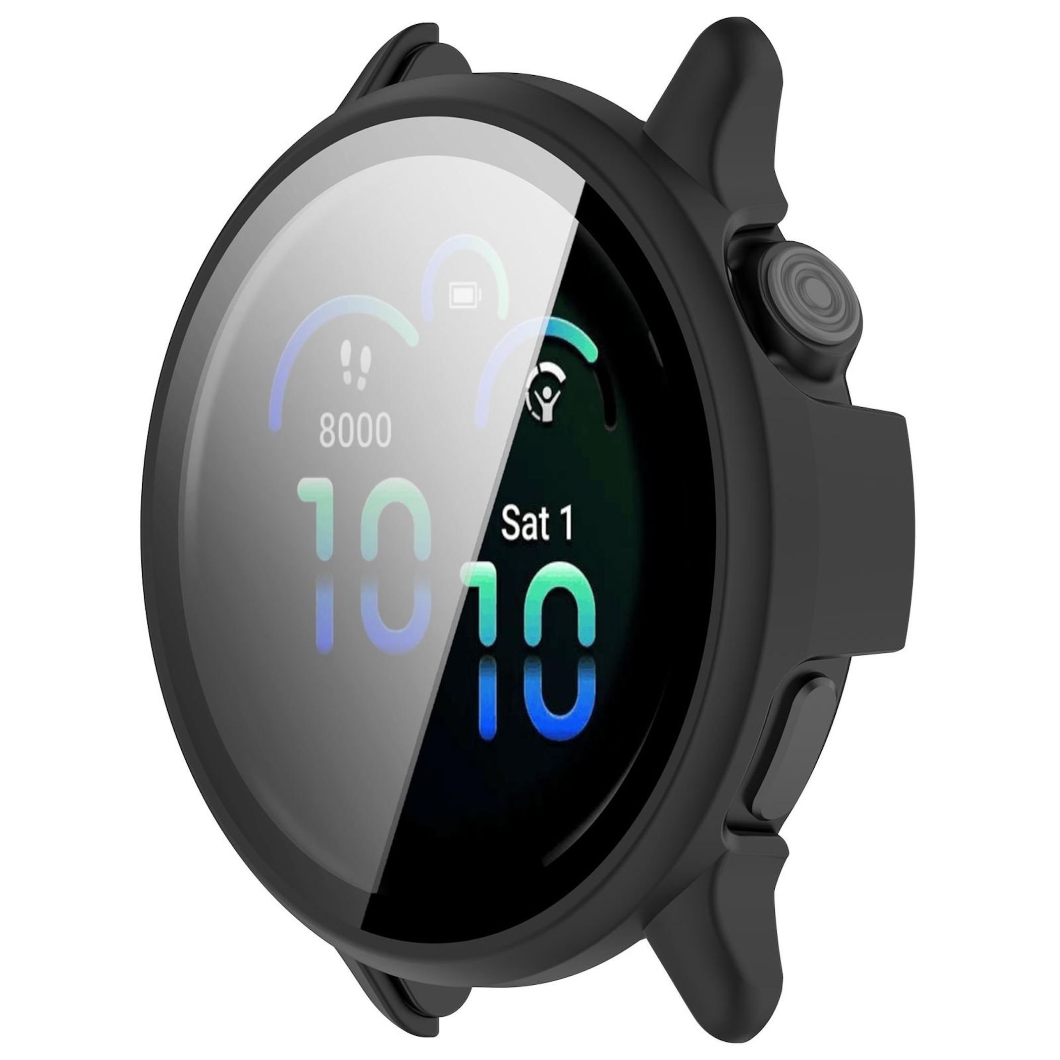 Uno smartwatch nero in custodia protettiva mostra ora, passi e batteria sullo schermo.