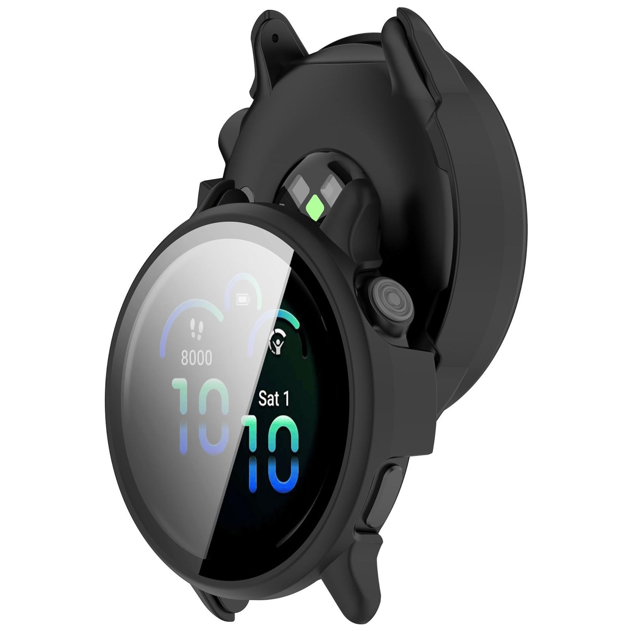 Uno smartwatch nero con custodia protettiva e display digitale su sfondo bianco.