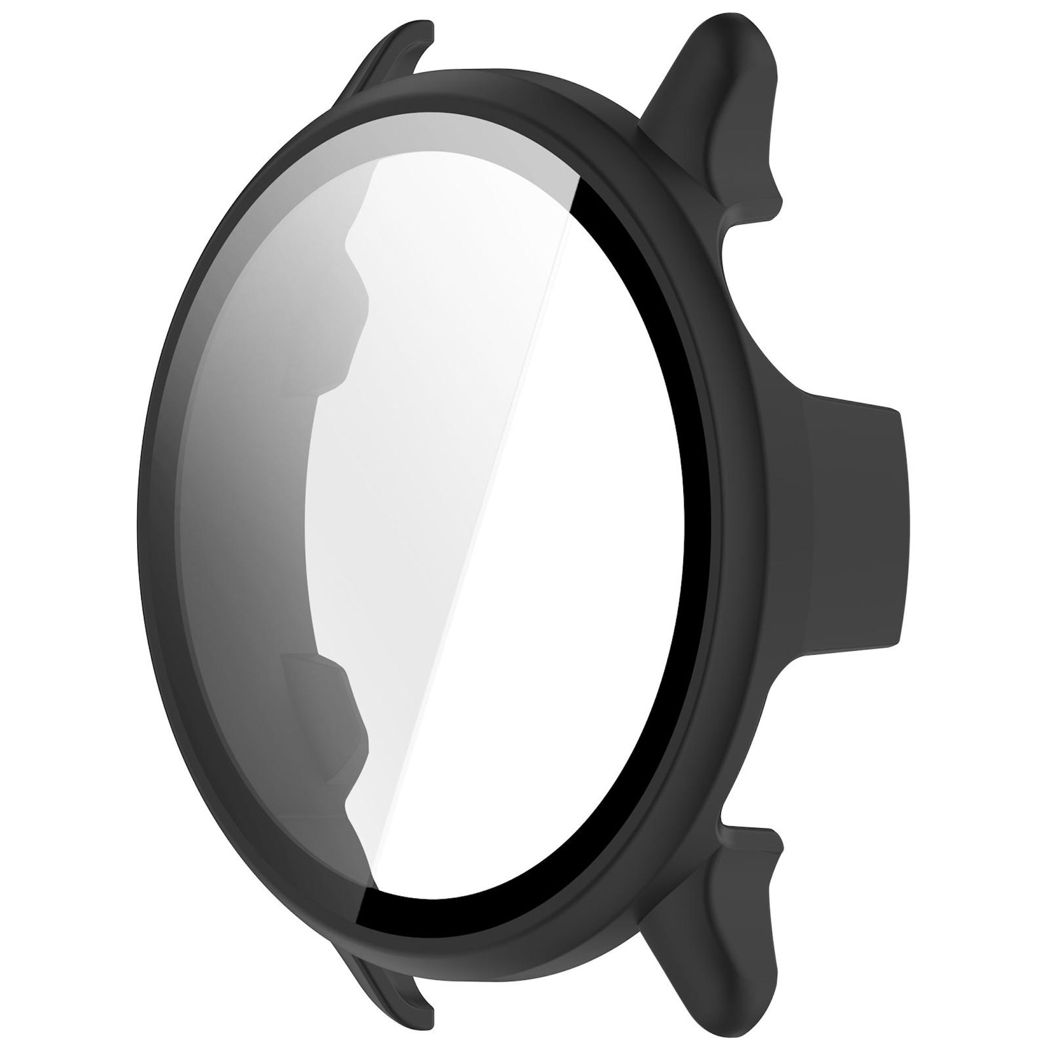 Una custodia protettiva nera per smartwatch con protezione dello schermo trasparente su sfondo bianco.