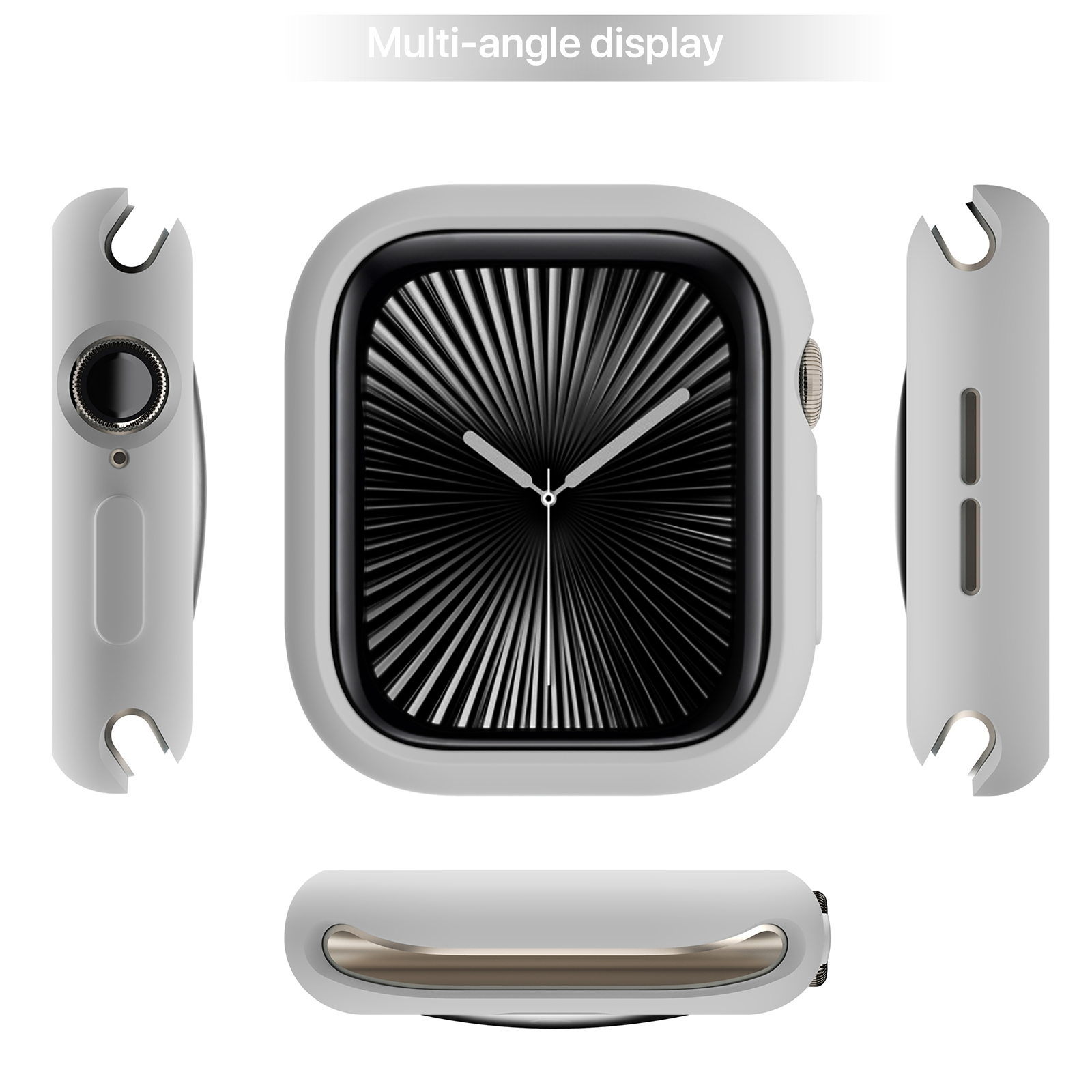 Multi-Ansicht einer silbernen Smartwatch mit weißem Gehäuse auf weißem Hintergrund.