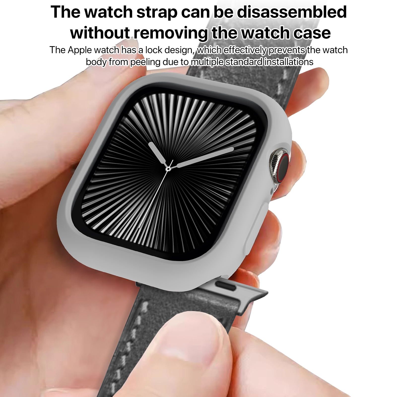 Eine Hand hält eine Apple Watch mit grauem Schutzgehäuse und abnehmbarem Lederarmband.