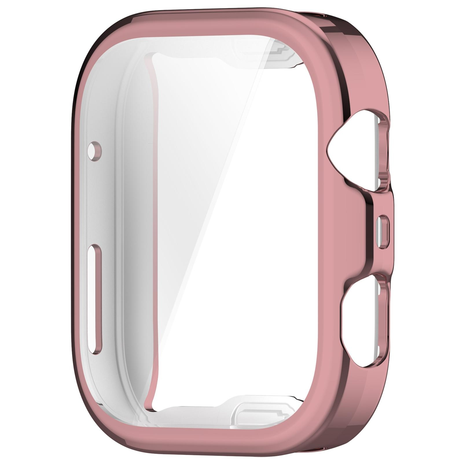 Custodia paraurti lucida in oro rosa per smartwatch con protezione schermo integrata, su sfondo bianco.