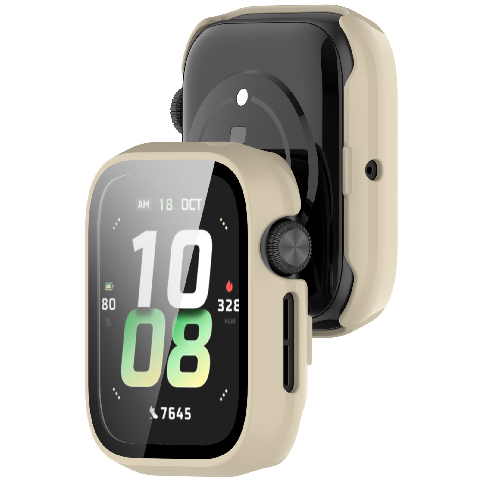 Zwei graige Smartwatch-Hüllen, eine zeigt das Zifferblatt, die andere die Rückseite auf weißem Grund.