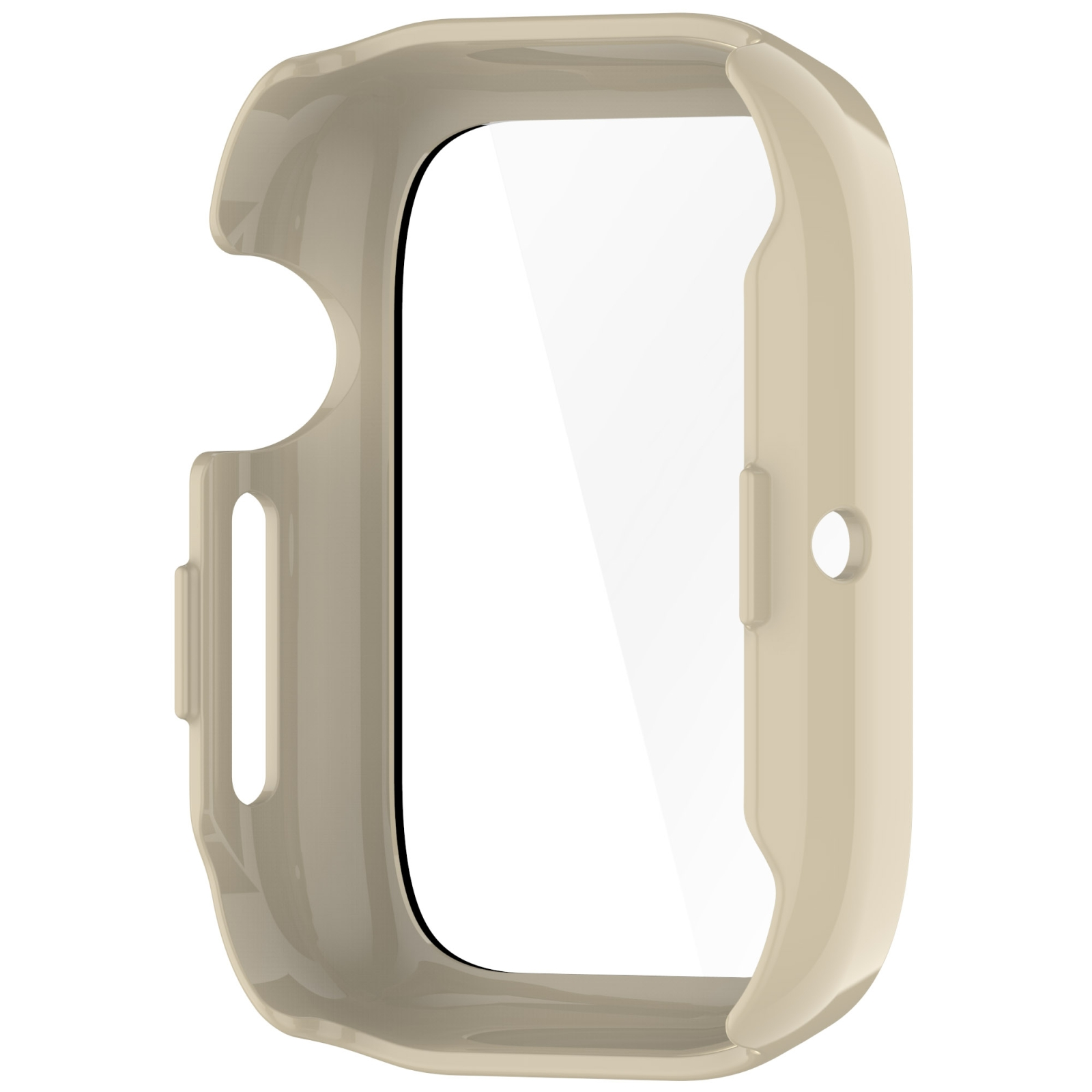 Beige, glänzende Smartwatch-Schutzhülle mit integriertem Displayschutz auf weißem Hintergrund.