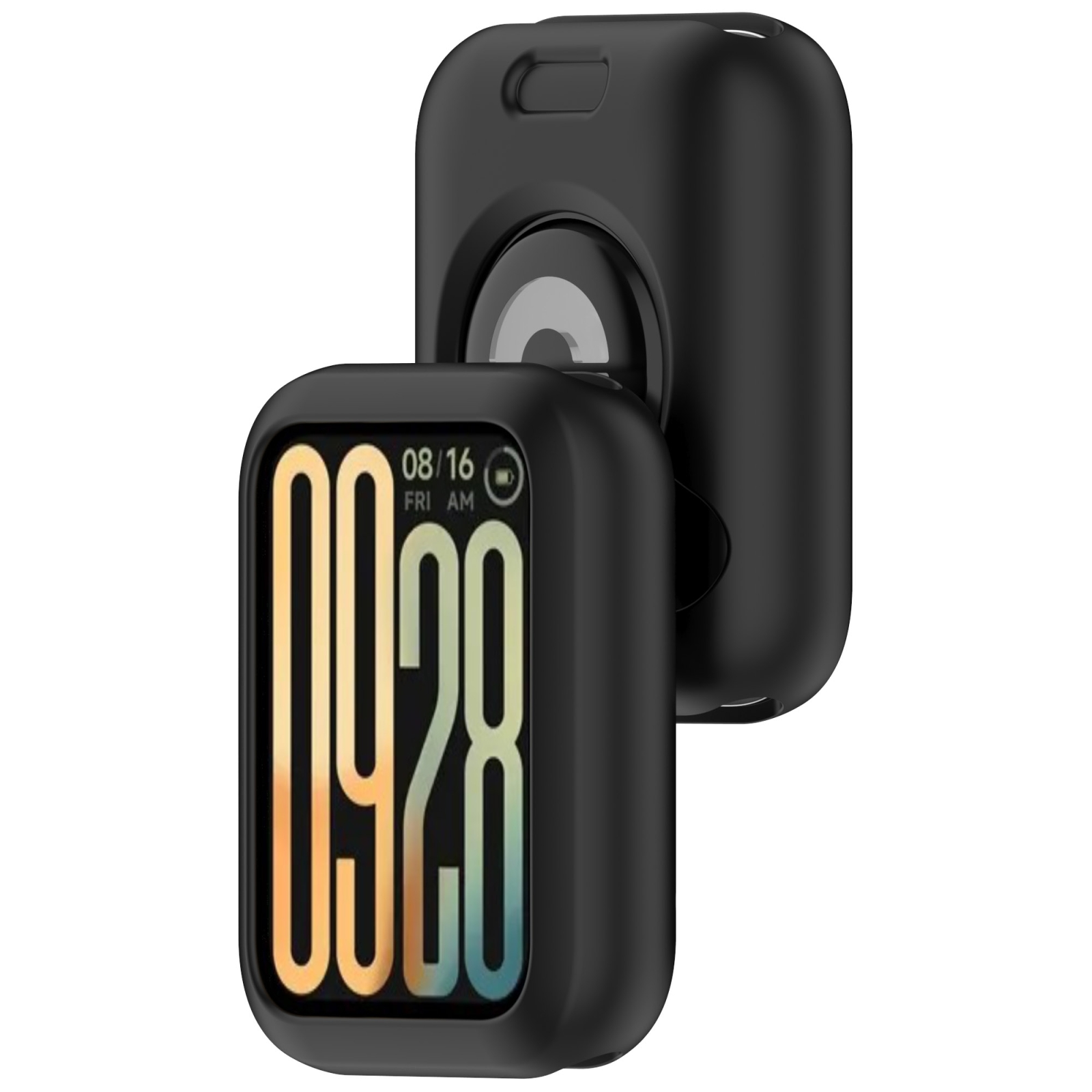 Smartwatch nero in custodia con ora luminosa.