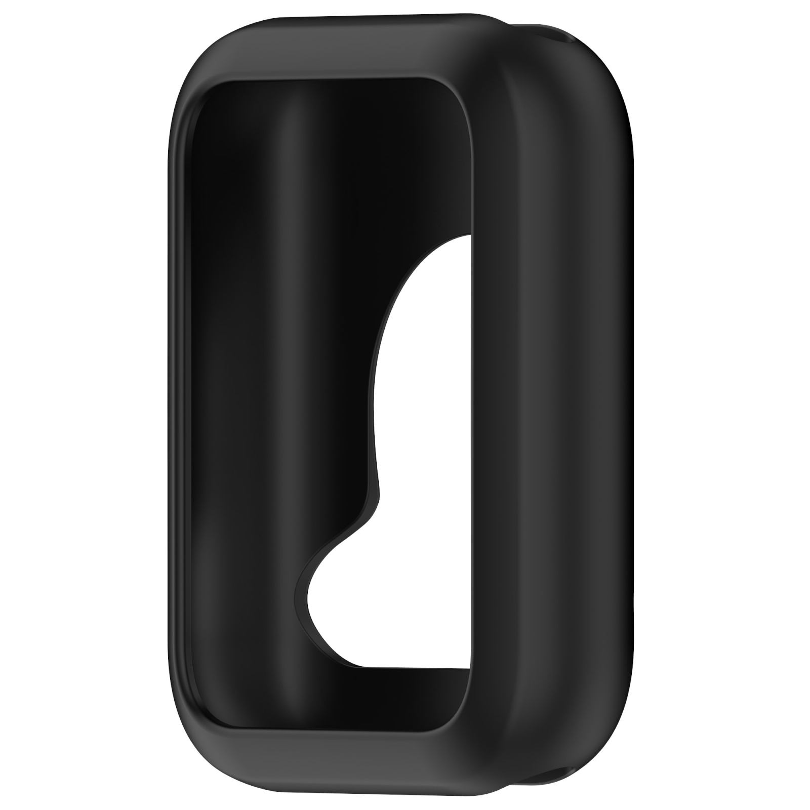 Una custodia protettiva in silicone nero opaco per un dispositivo elettronico su sfondo bianco.