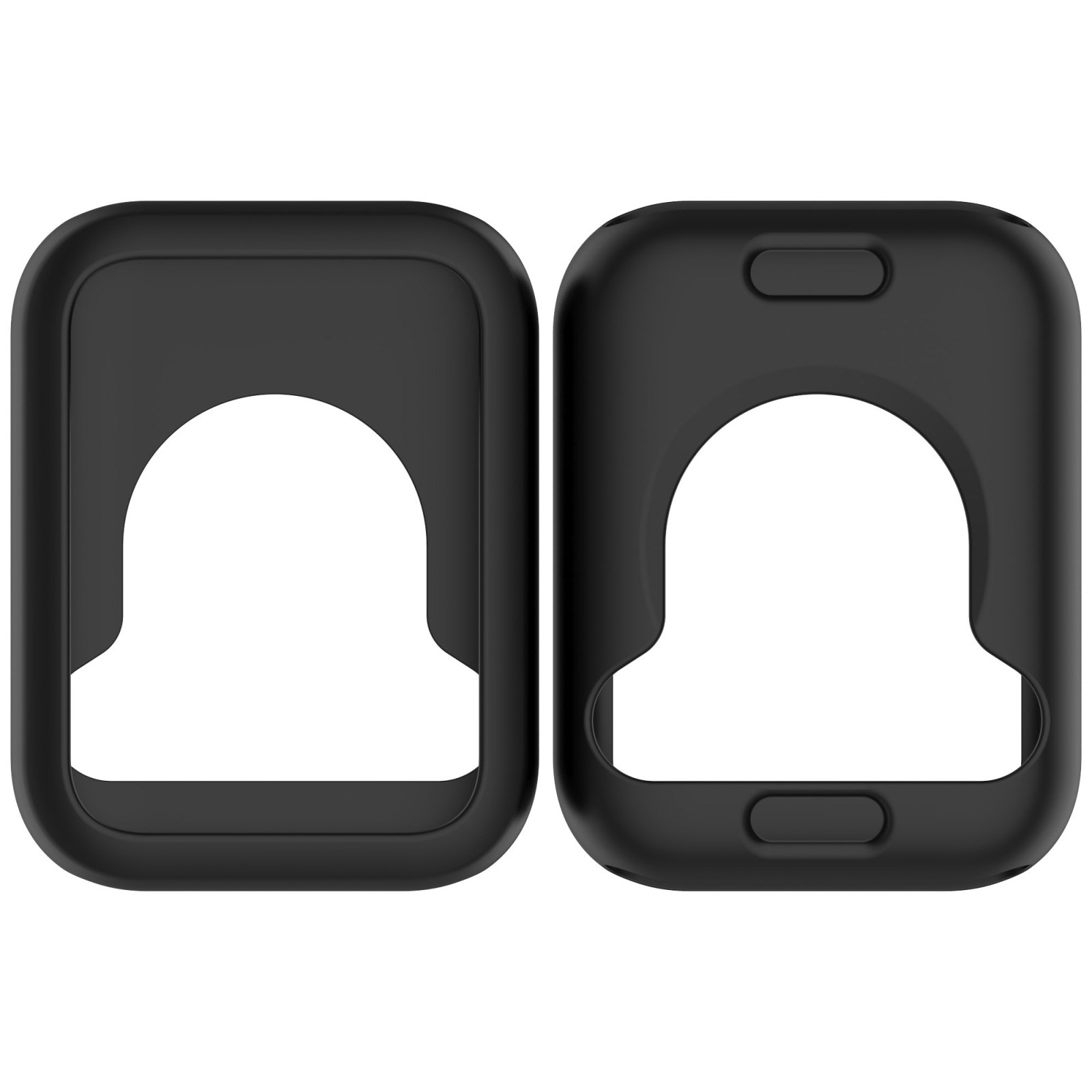 Due custodie protettive nere per smartwatch su sfondo chiaro.
