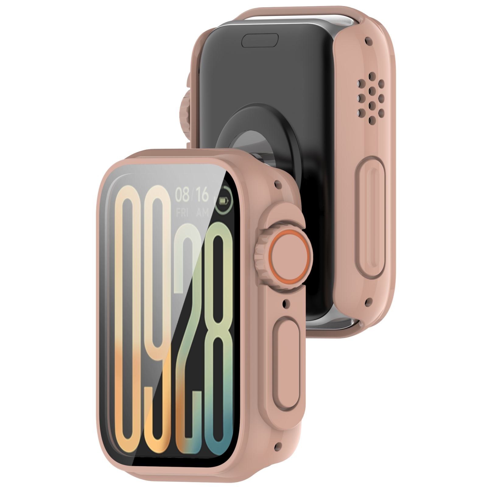 Zwei Ansichten einer Smartwatch mit beigem Schutzgehäuse auf weißem Hintergrund.