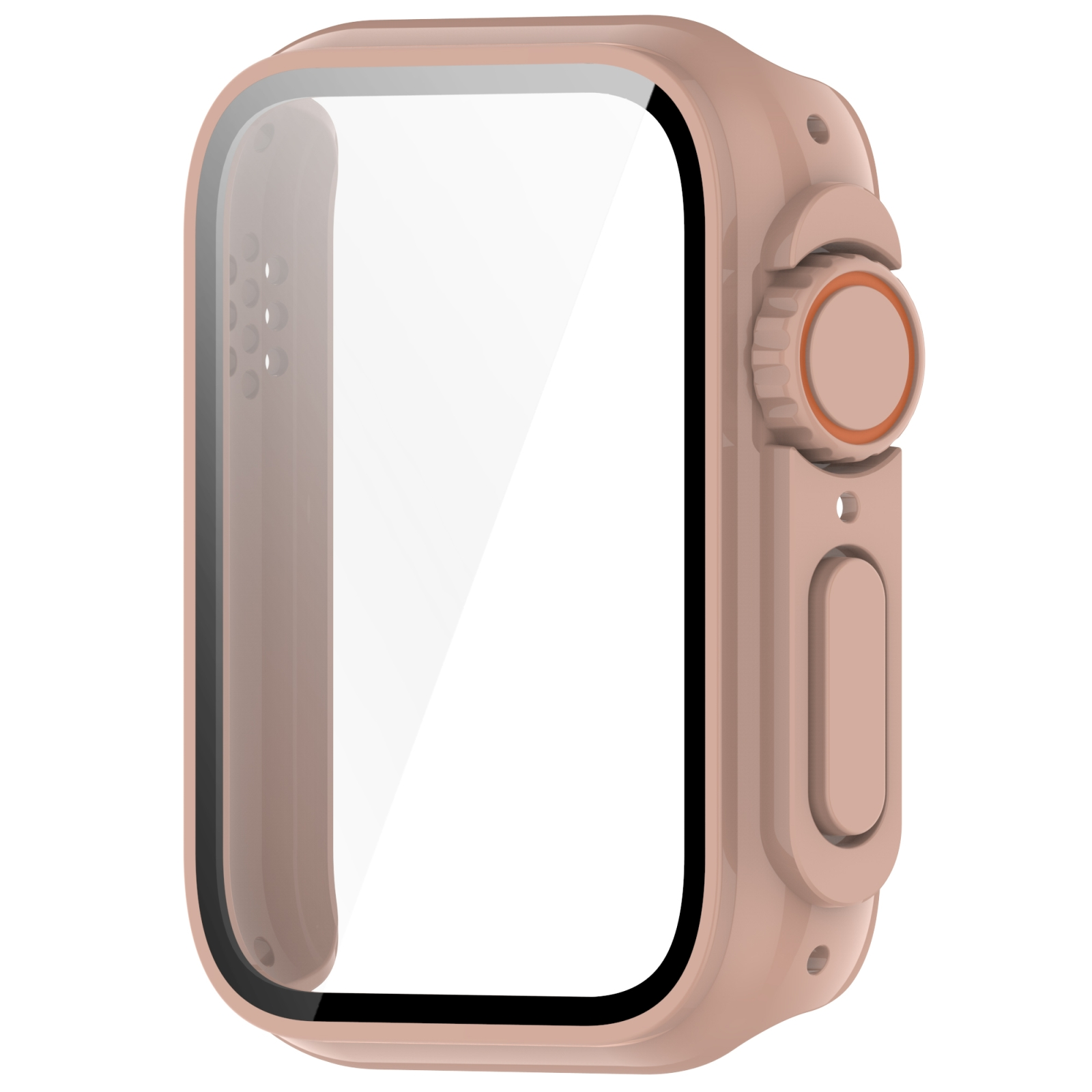Eine beigefarbene Schutzhülle für eine Smartwatch mit transparentem Bildschirm und Seitentasten vor weißem Hintergrund.