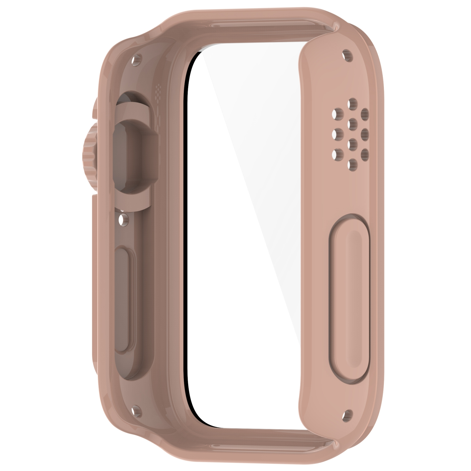 Ein roségoldenes Smartwatch-Gehäuse aus Kunststoff mit Aussparungen für Tasten und das Display auf weißem Hintergrund.