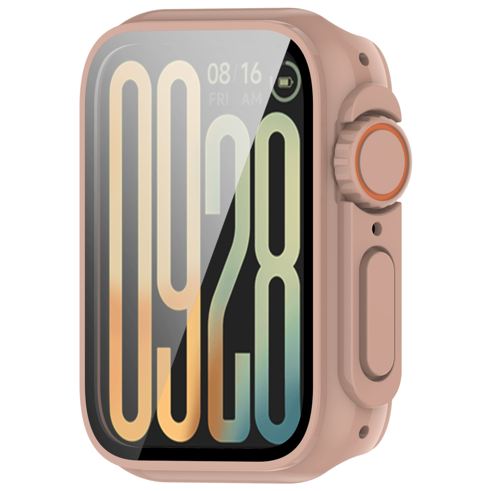 Rosa Smartwatch mit Schutzhülle, digitaler Anzeige und Seitentasten auf weißem Hintergrund.