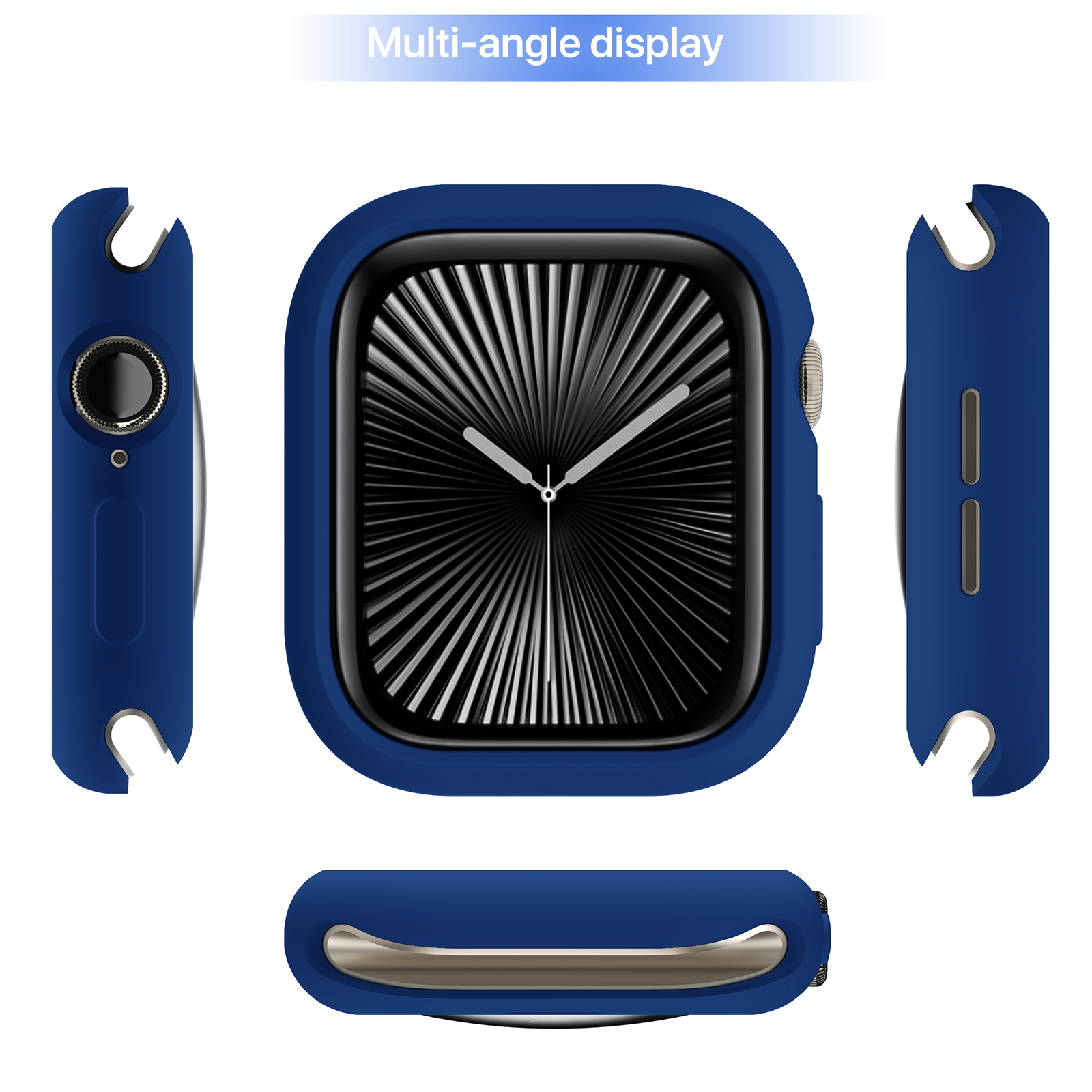 Multi-Ansicht einer blauen Smartwatch-Schutzhülle aus verschiedenen Blickwinkeln vor weißem Hintergrund.