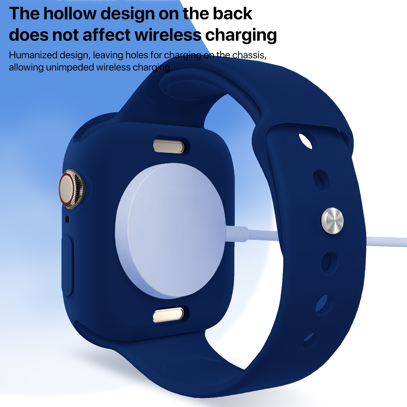 Blaue Smartwatch mit drahtlosem Ladegerät auf der Rückseite.