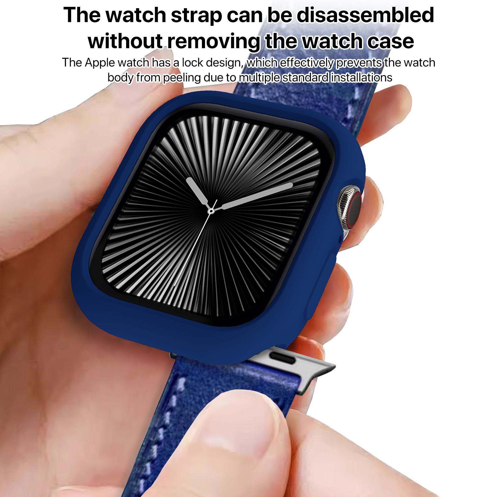 Eine Hand hält eine blaue Apple Watch mit abnehmbarem Armband und Schutzhülle.