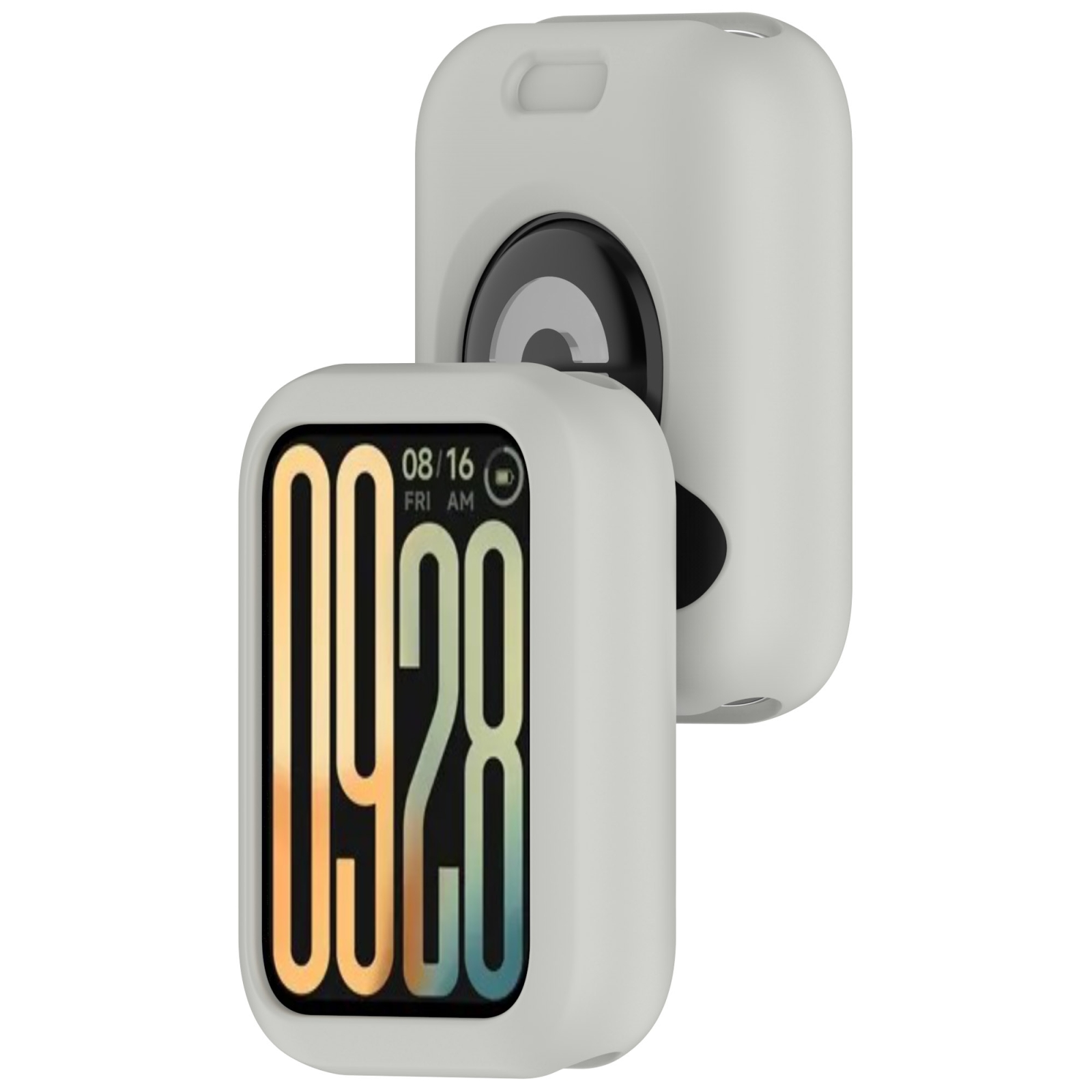 Eine graue Silikonhülle für einen Fitnesstracker zeigt vorne das Display mit Uhrzeit und hinten den Verschluss.