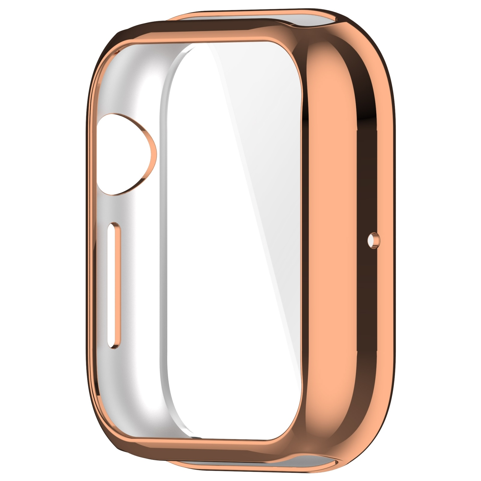 Custodia per smartwatch in oro rosa lucido con protezione schermo integrata.
