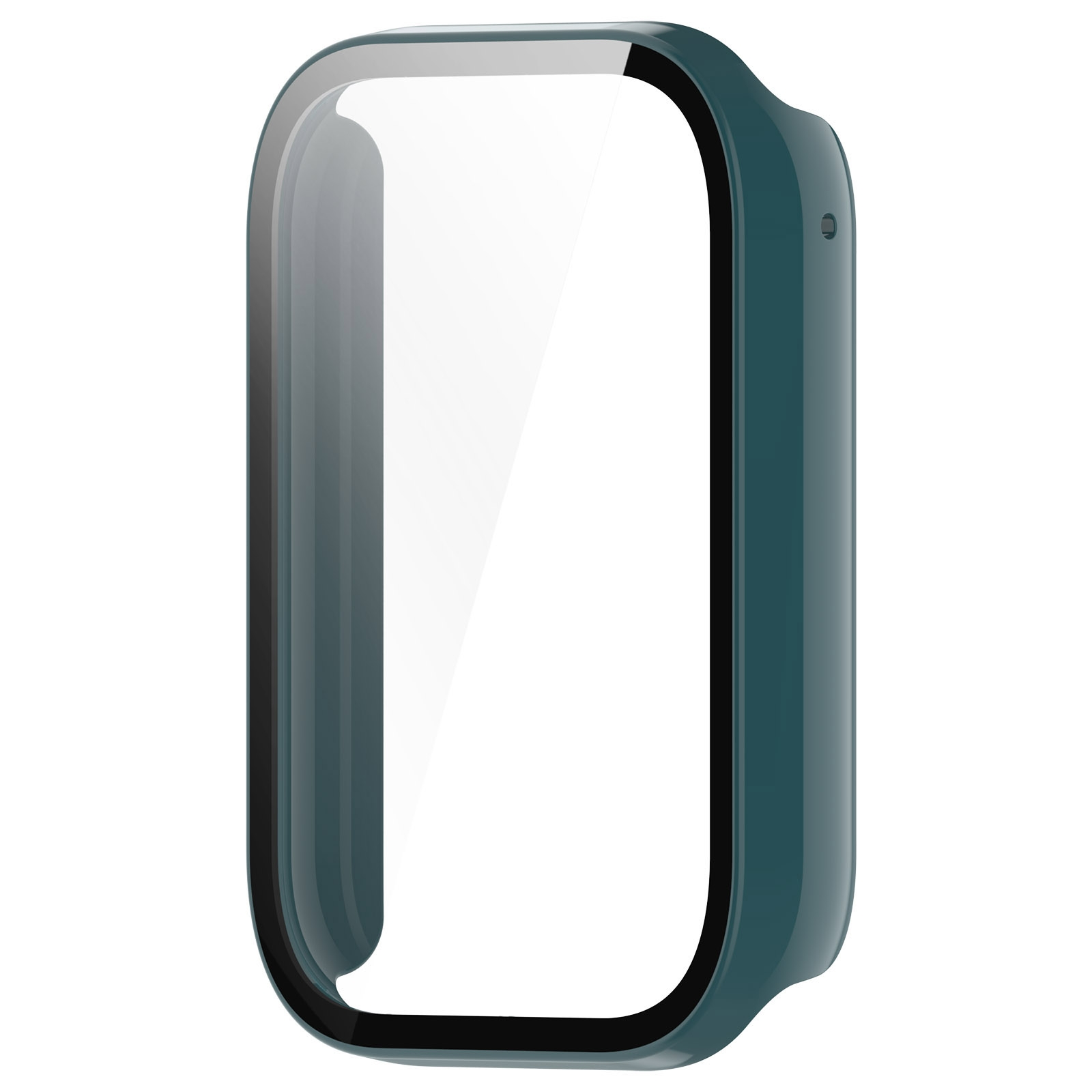 Dunkelgrünes Smartwatch-Gehäuse mit integriertem Schutzglas vor weißem Hintergrund.