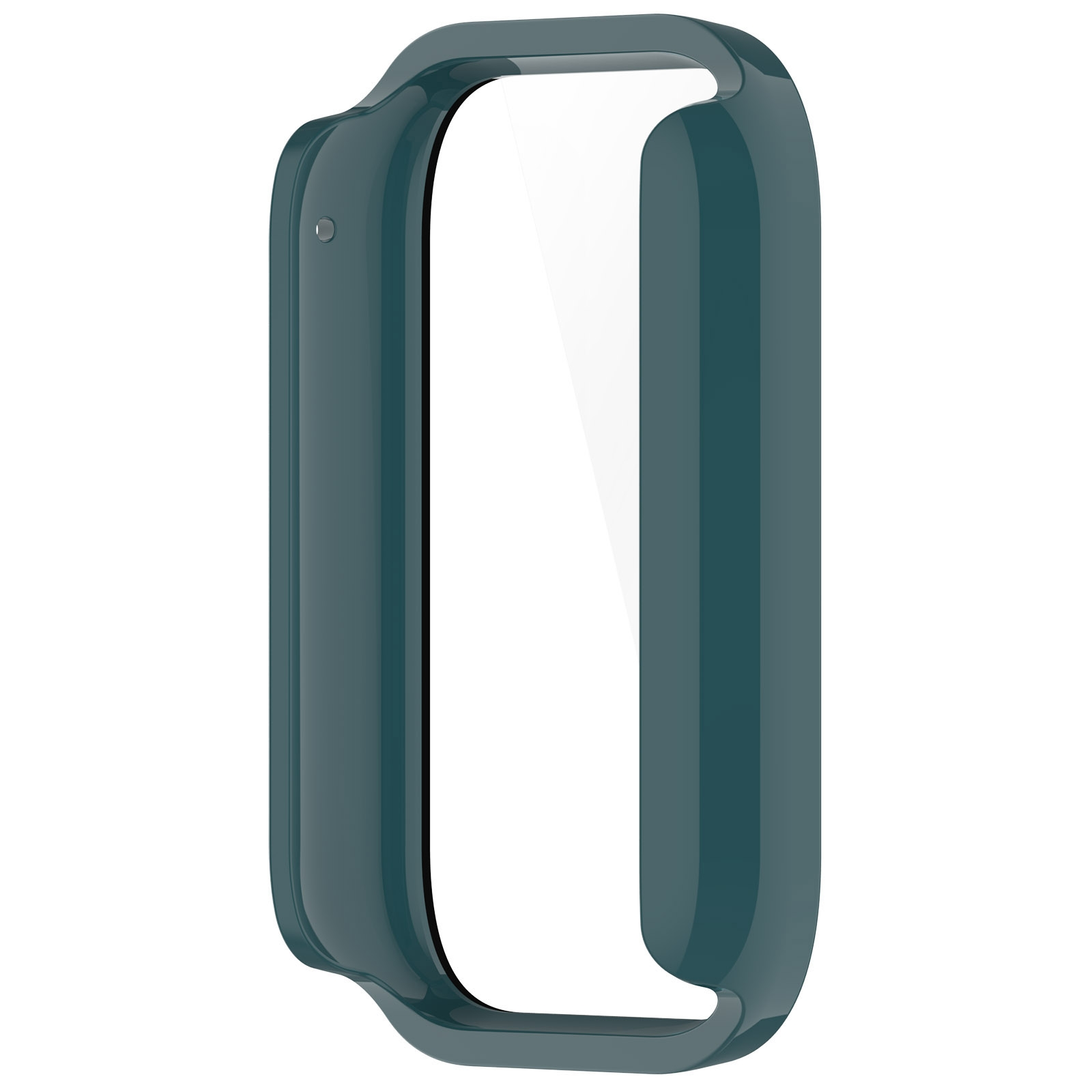 Dunkelblaue Schutzhülle für ein rechteckiges Smartwatch-Gehäuse vor weißem Hintergrund.