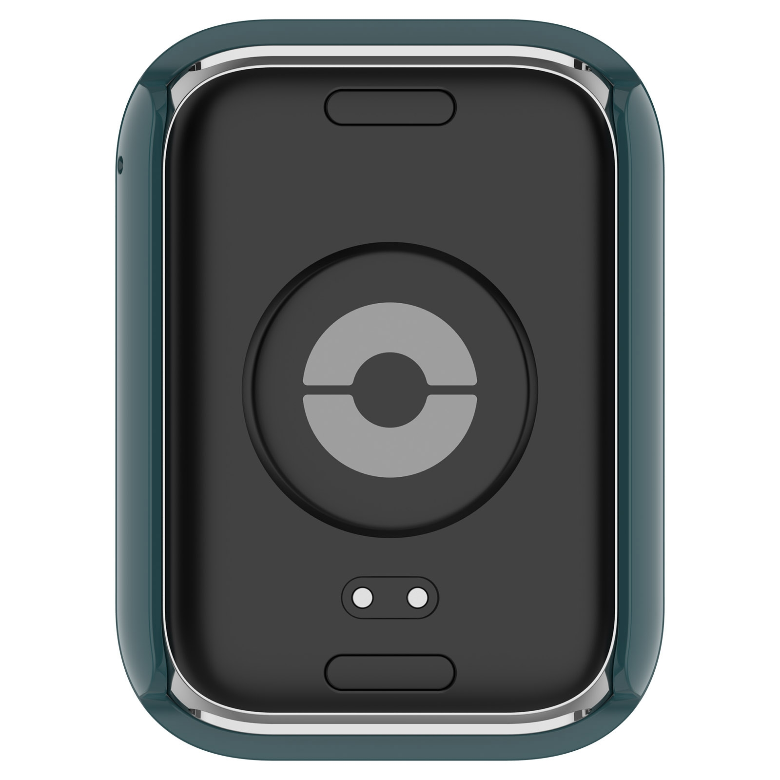 Eine dunkelgrüne Smartwatch-Rückseite mit zentralem grauen Sensorring und zwei Ladepunkten.