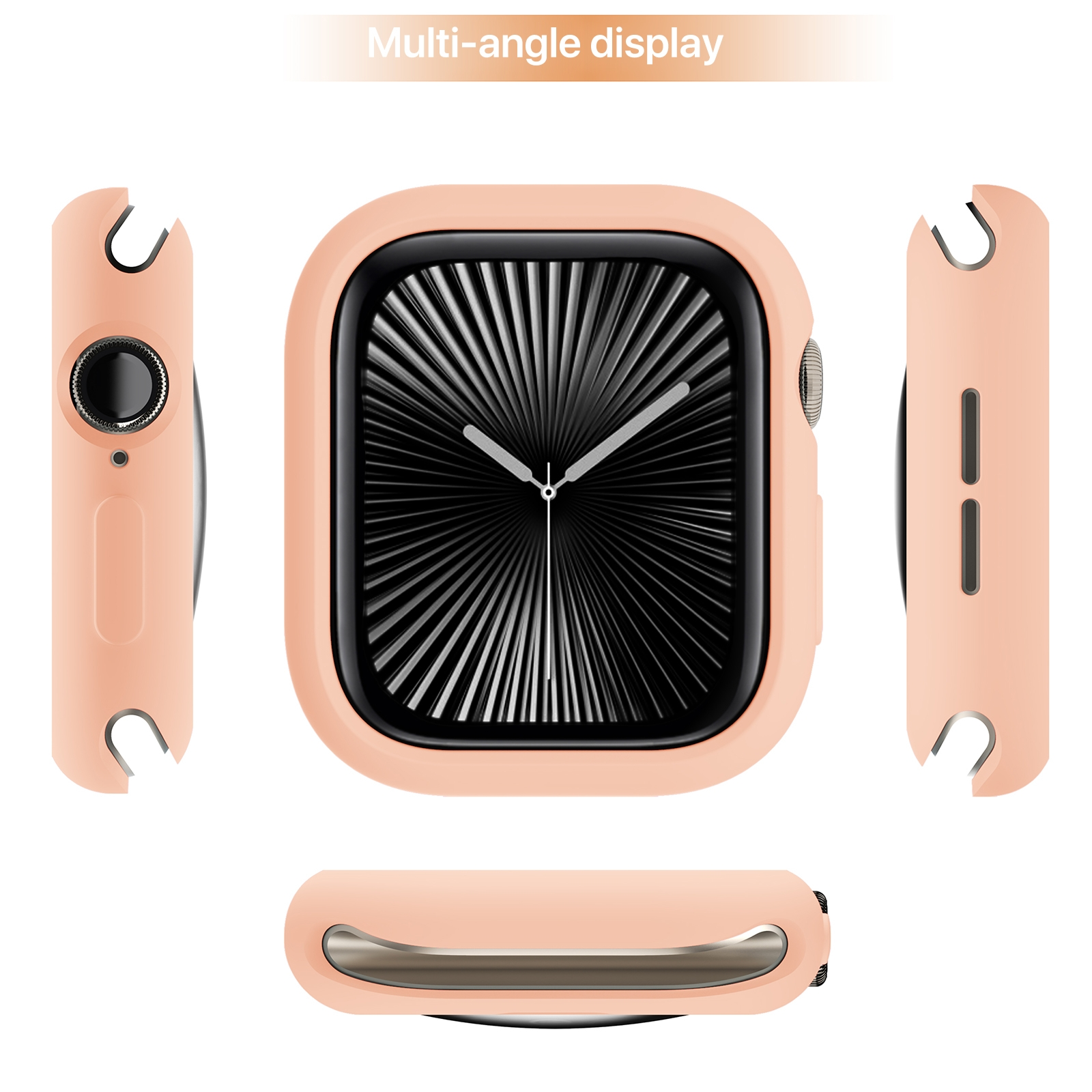 Mehrwinkelansicht einer Smartwatch mit pfirsichfarbener Schutzhülle auf weißem Hintergrund.
