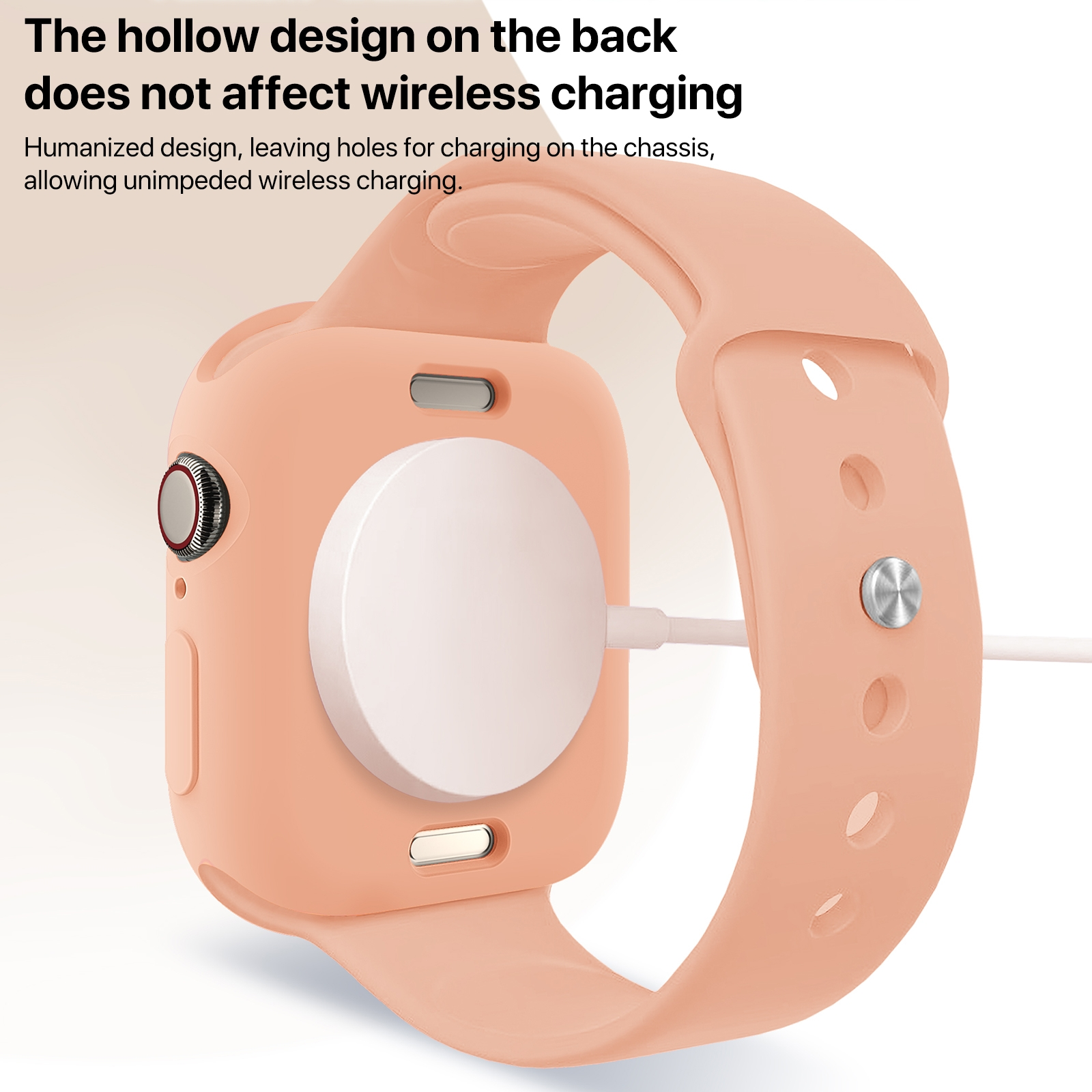 Eine rosafarbene Smartwatch wird von hinten mit einem runden magnetischen Ladegerät aufgeladen.