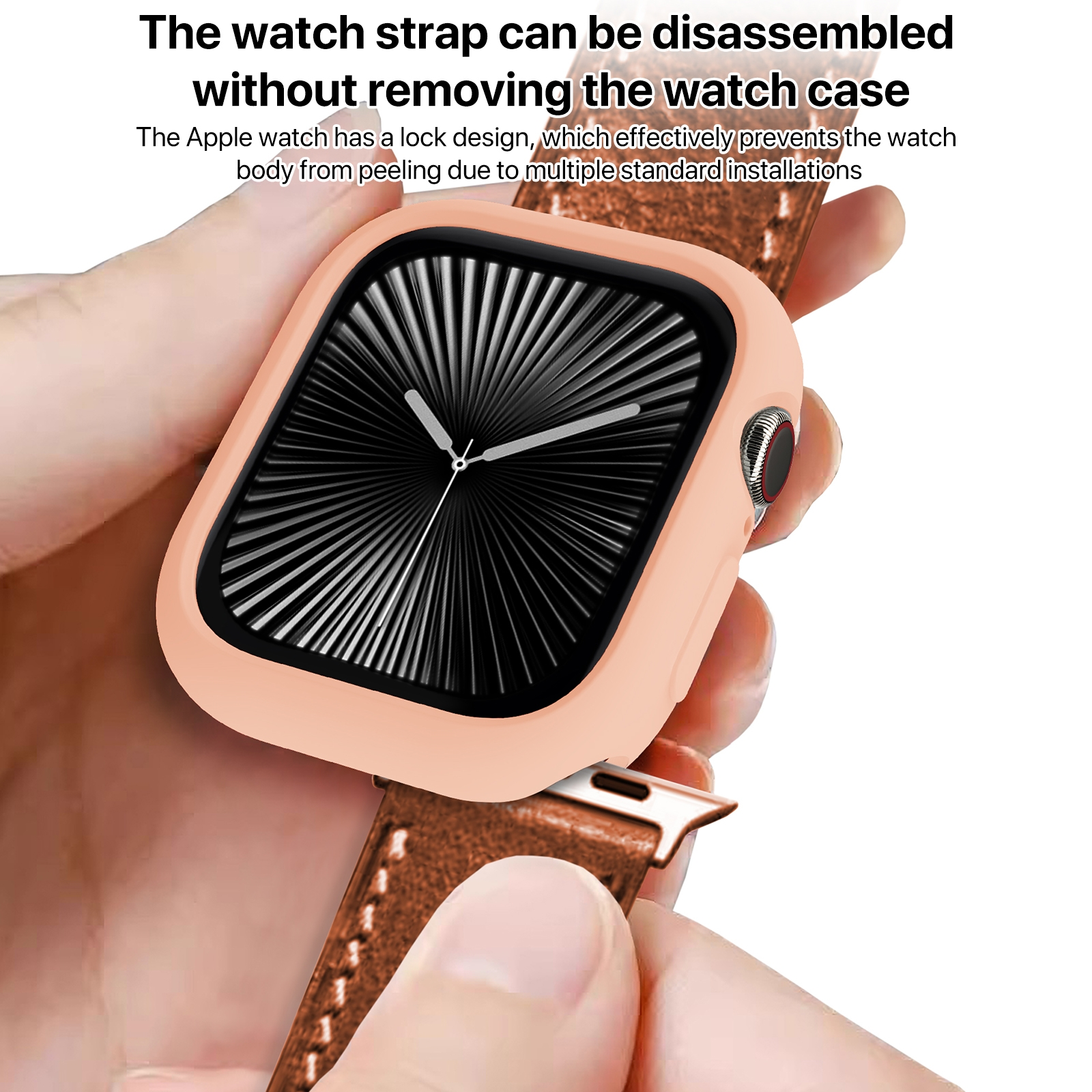 Eine hand hält eine smartwatch mit einem rosa gehäuse und braunem lederarmband.