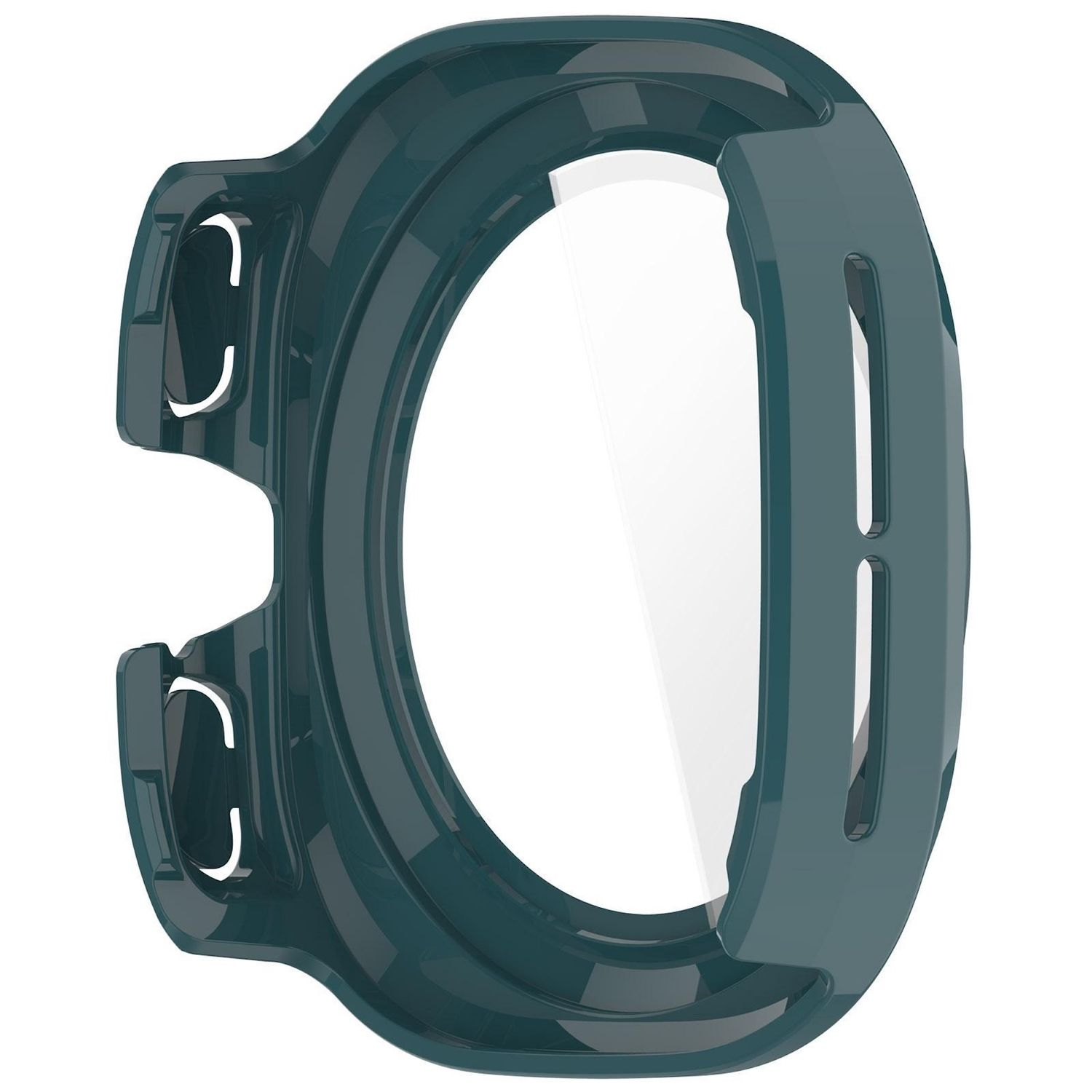 Dunkelgrüne smartwatch hülle mit bildschirmschutz auf weißem grund.