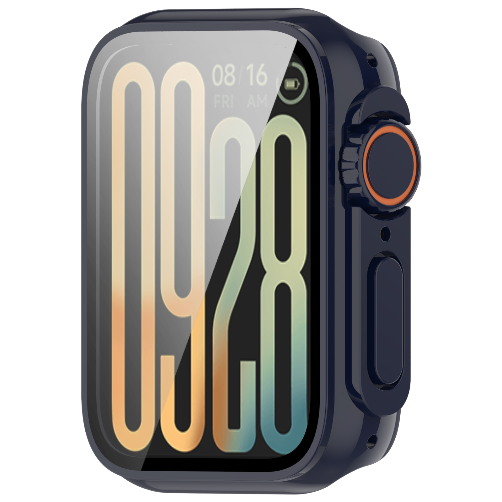 Smartwatch blu scuro con cassa angolare, display digitale e corona laterale con cerchio arancione su sfondo bianco.