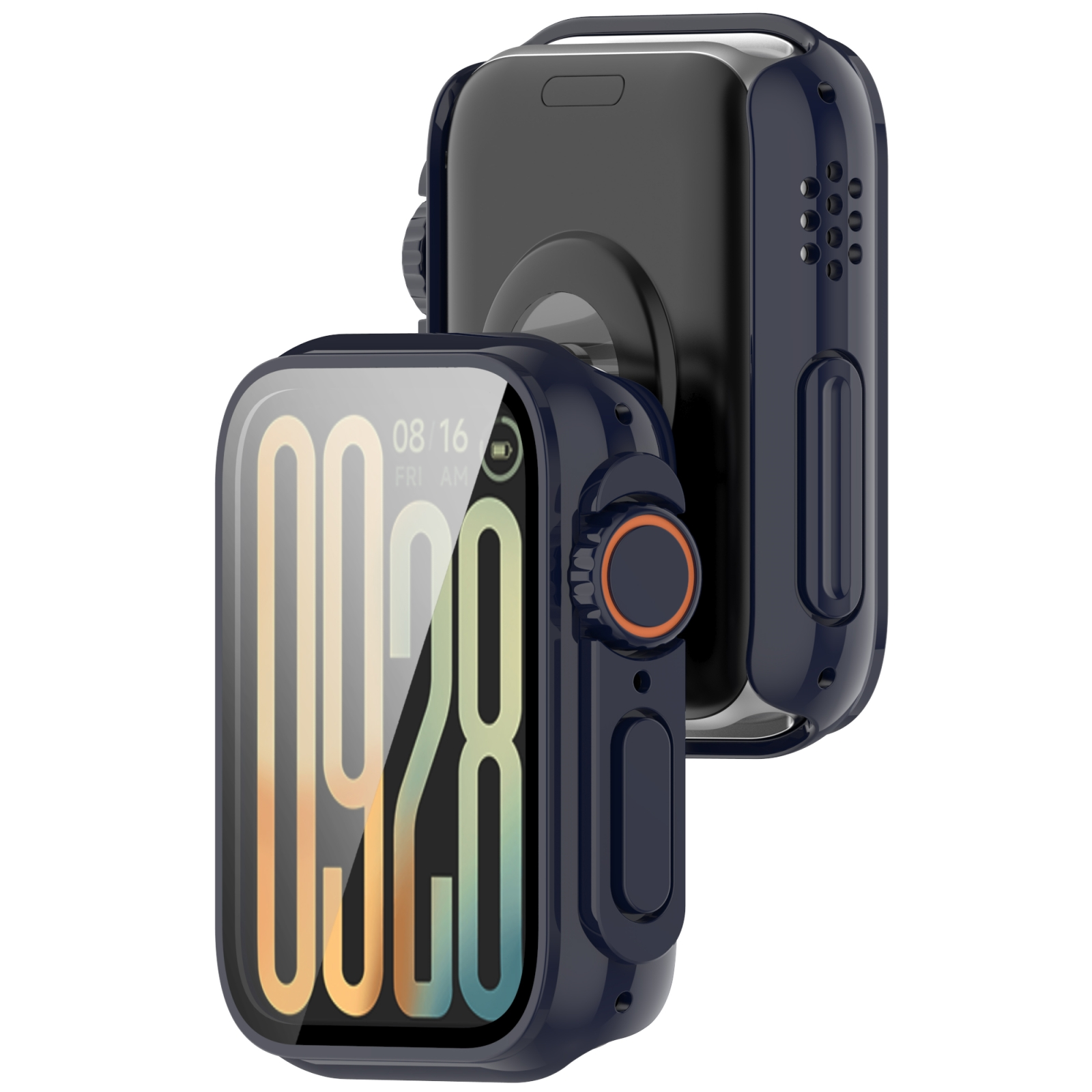 Due custodie per smartwatch blu scuro viste da davanti e da dietro su sfondo bianco.
