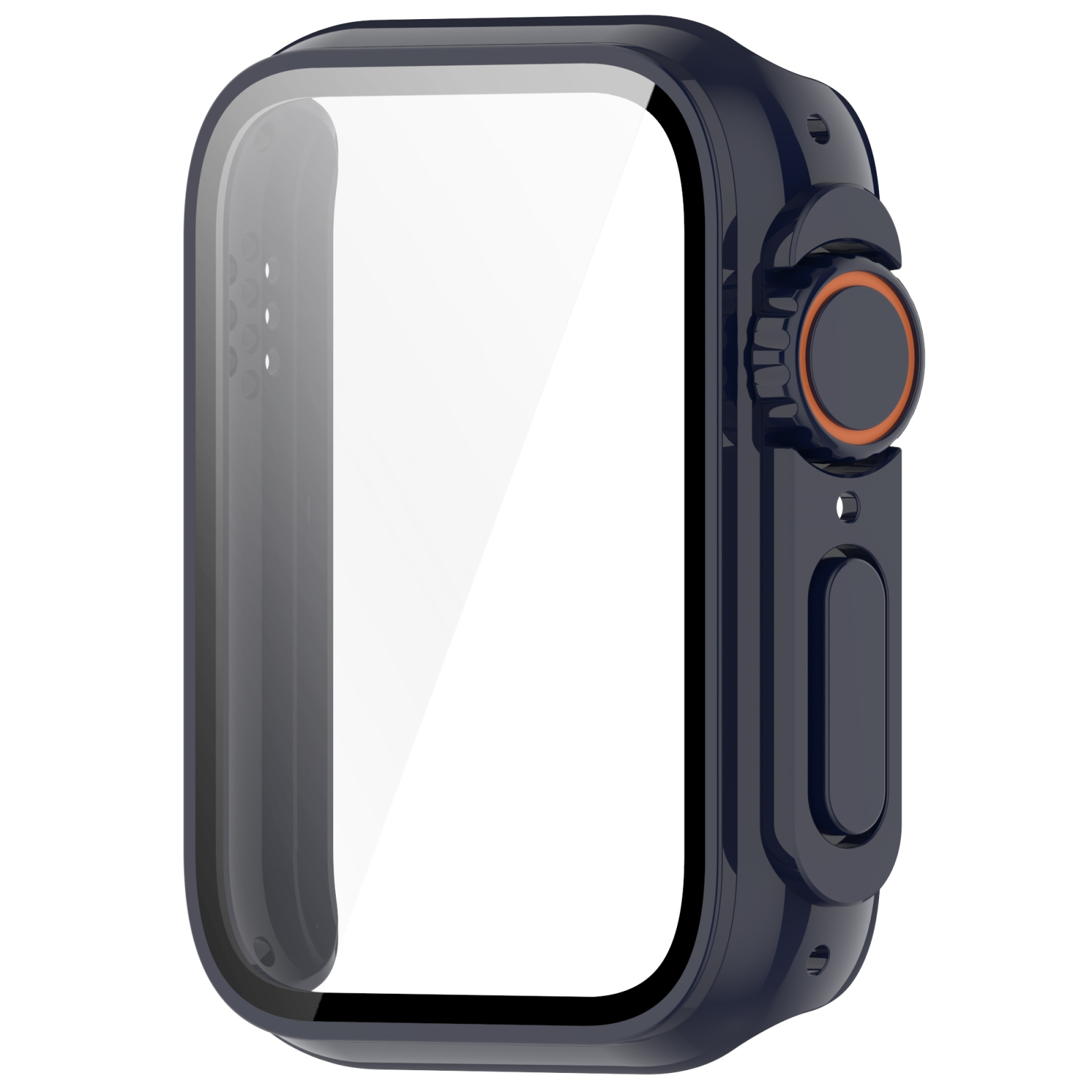 Custodia protettiva per smartwatch blu scuro con protezione schermo integrata, tasto laterale e corona arancione.