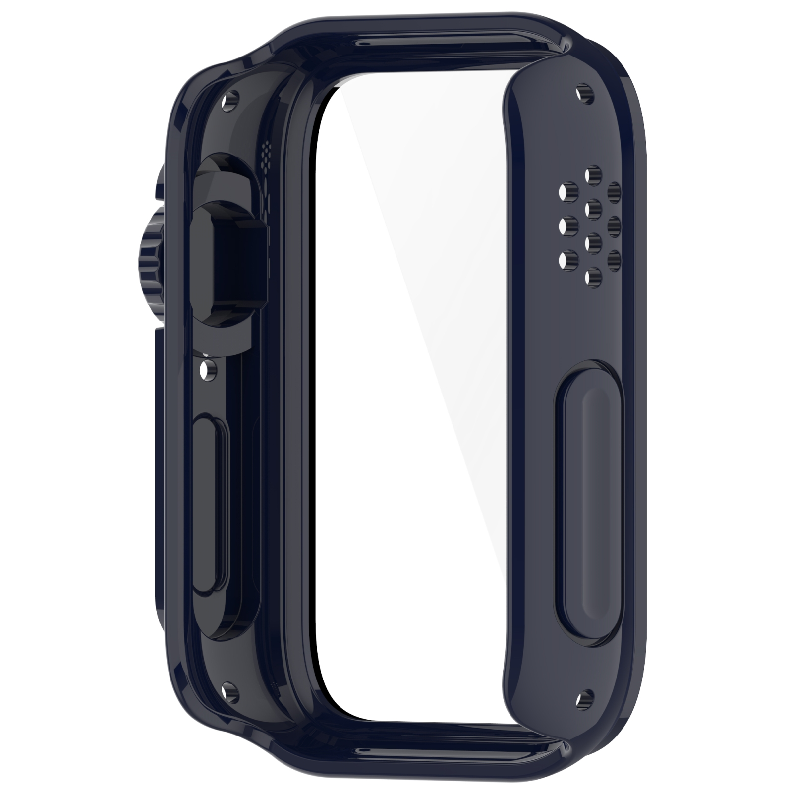 Custodia protettiva blu scuro per smartwatch con ritagli precisi per pulsanti e altoparlante.