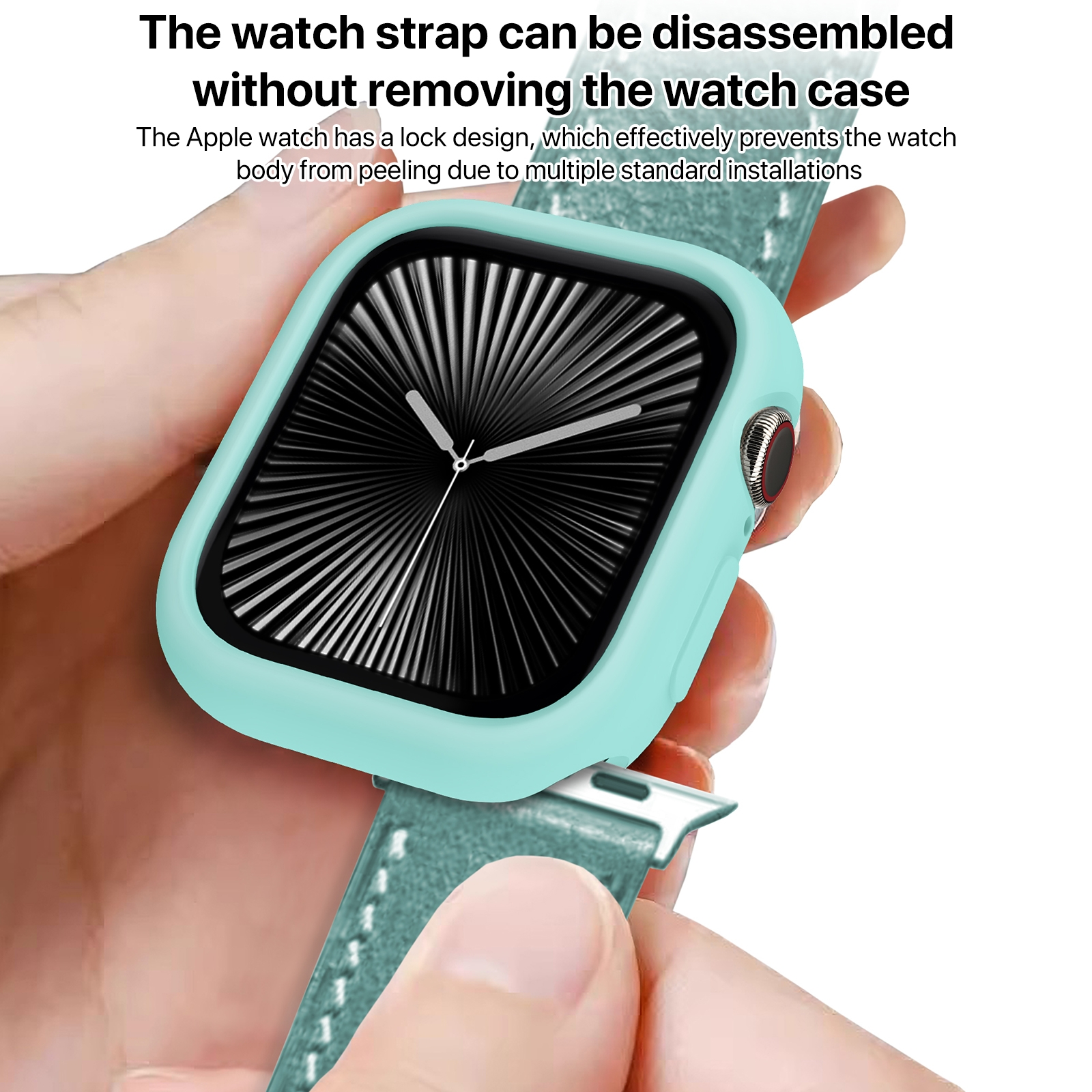 Hände halten eine Apple Watch mit mintgrünem Gehäuse und Armband. Text beschreibt den Wechsel des Armbands.