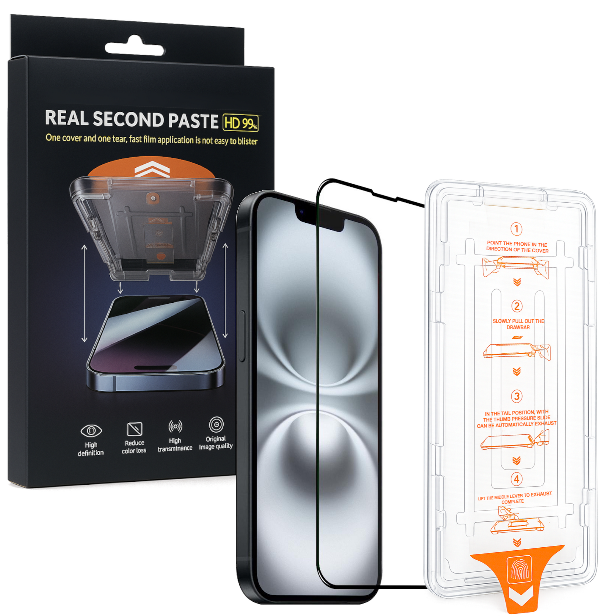 Smartphone-Displayschutz mit Verpackung und Installationswerkzeug, das vier einfache Schritte zeigt.