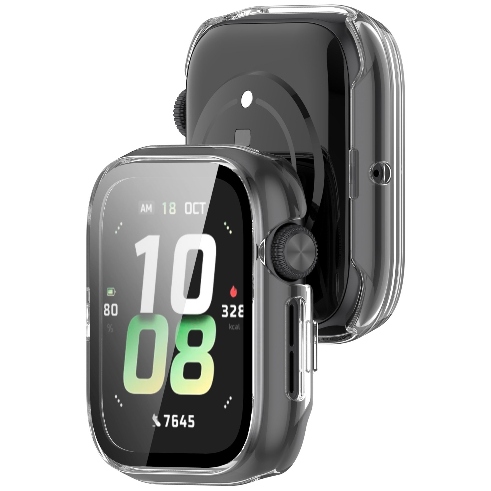 Due smartwatch neri in custodie protettive trasparenti, con schermo frontale e sensori.